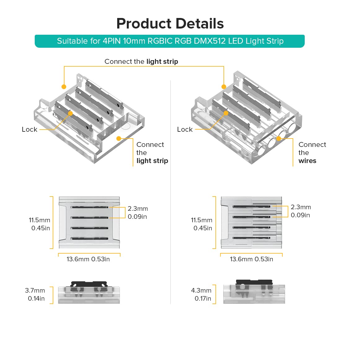 Btf-Lighting 4 Pin 10Mm 0.39In Width Transparent Connector Kit,4Pcs Gapless Solderless 8Pcs Corner Connectors,4Pcs 5.9In Long 22
