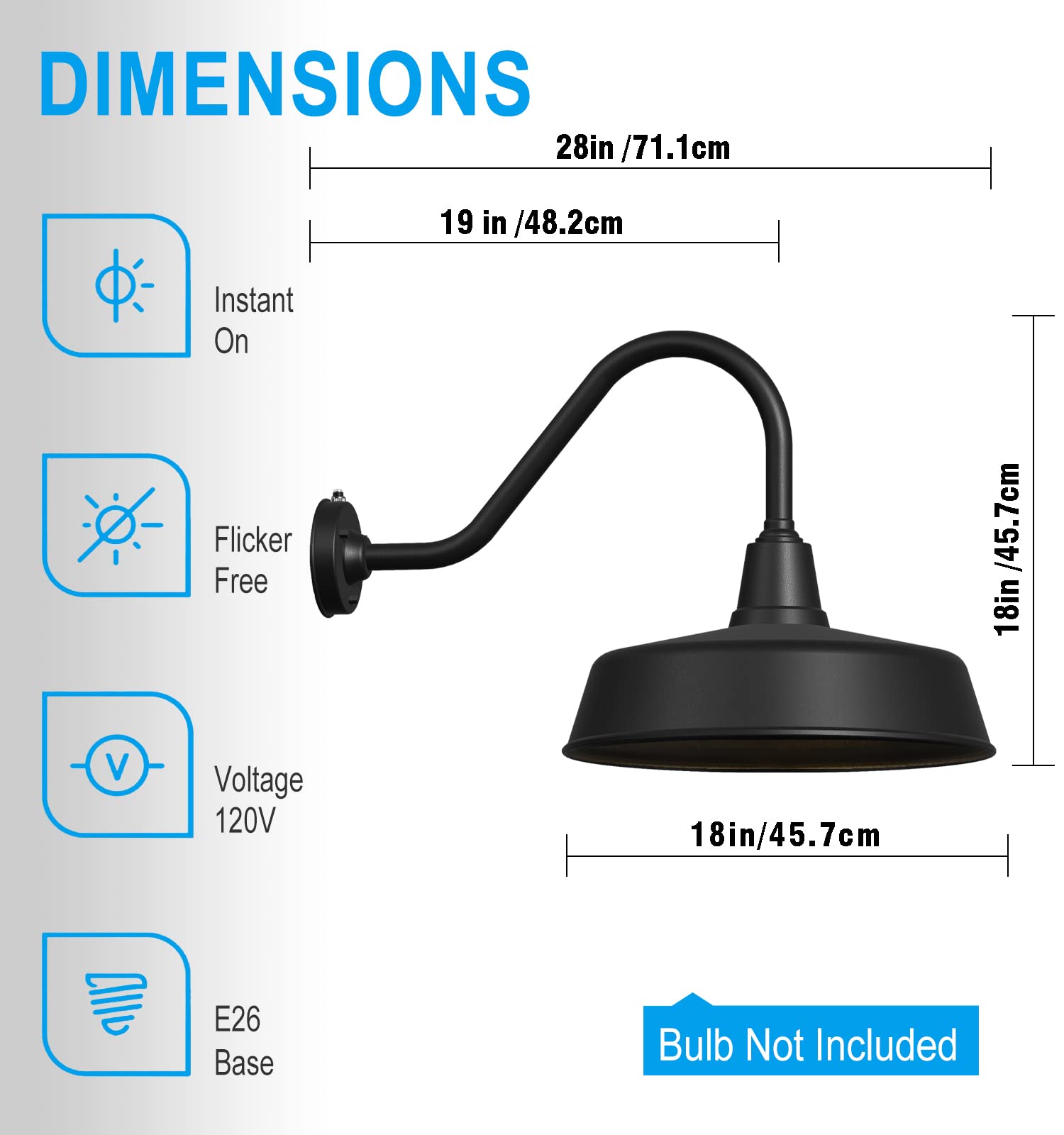 Joesa Large 18" Outdoor Gooseneck Barn Light - Rustic Barn Wall Sconce, Dusk To Dawn Exterior Light Fixture For Porch & House - 1-Pack