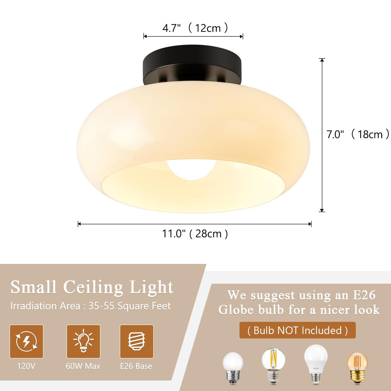 Mid-Century Modern Black Semi Flush Mount Ceiling Light,White Glass Dome Hallway Lighting Fixtures,Metal Close To Ceiling Lamp F