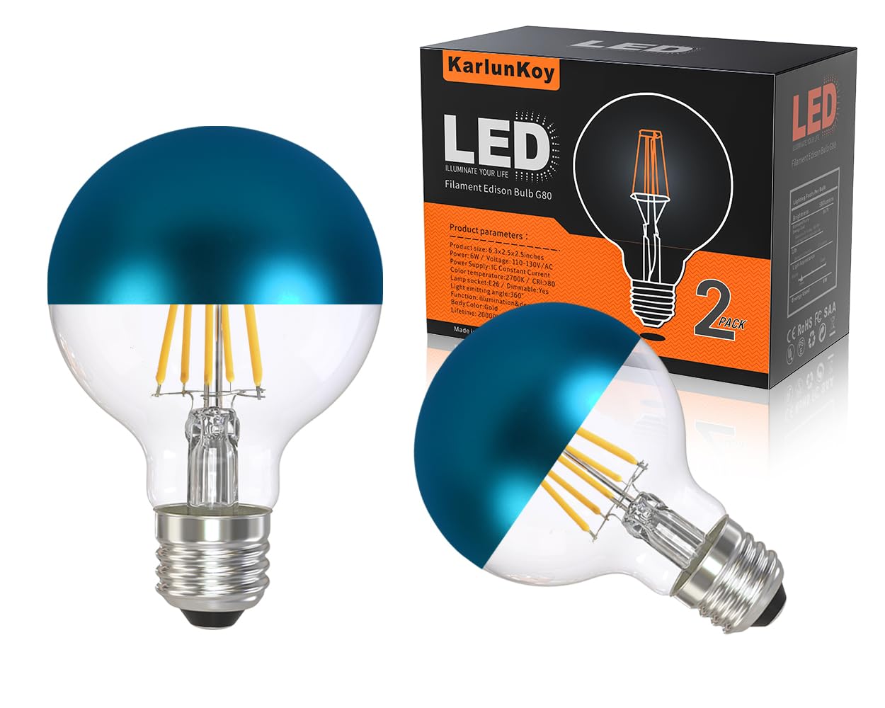 Karlunkoy Half Chrome Light Bulbs,Half Blue Tipped Dimmable 6W (Equivalent 60Watt) Led Ediosn Light Bulbs,Soft White 2700K,G80/G