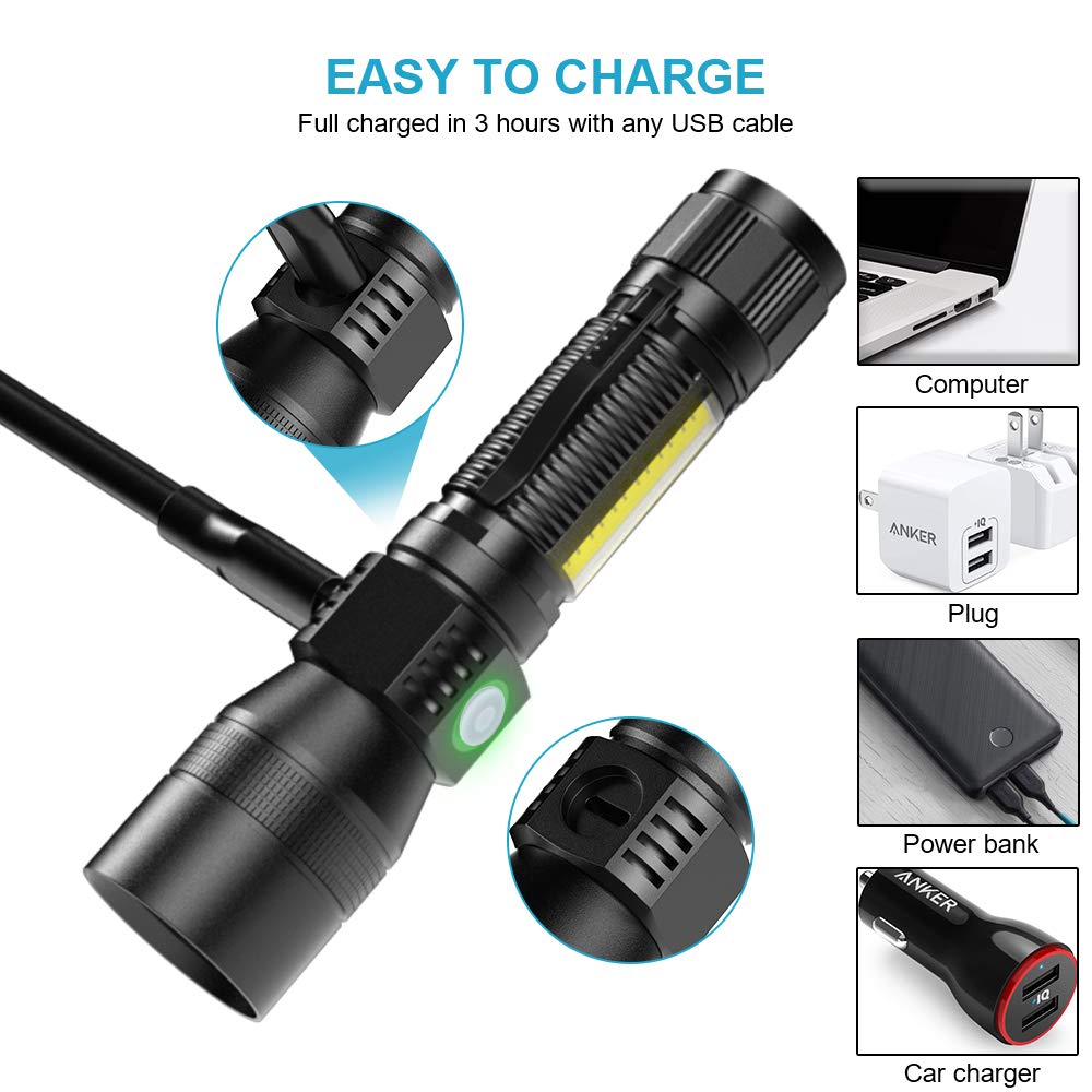 Spriak UV Flashlight, USB Rechargeable Magnetic Work Light, Zoomable, Waterproof, Black, Model S2016001, 1 Pack