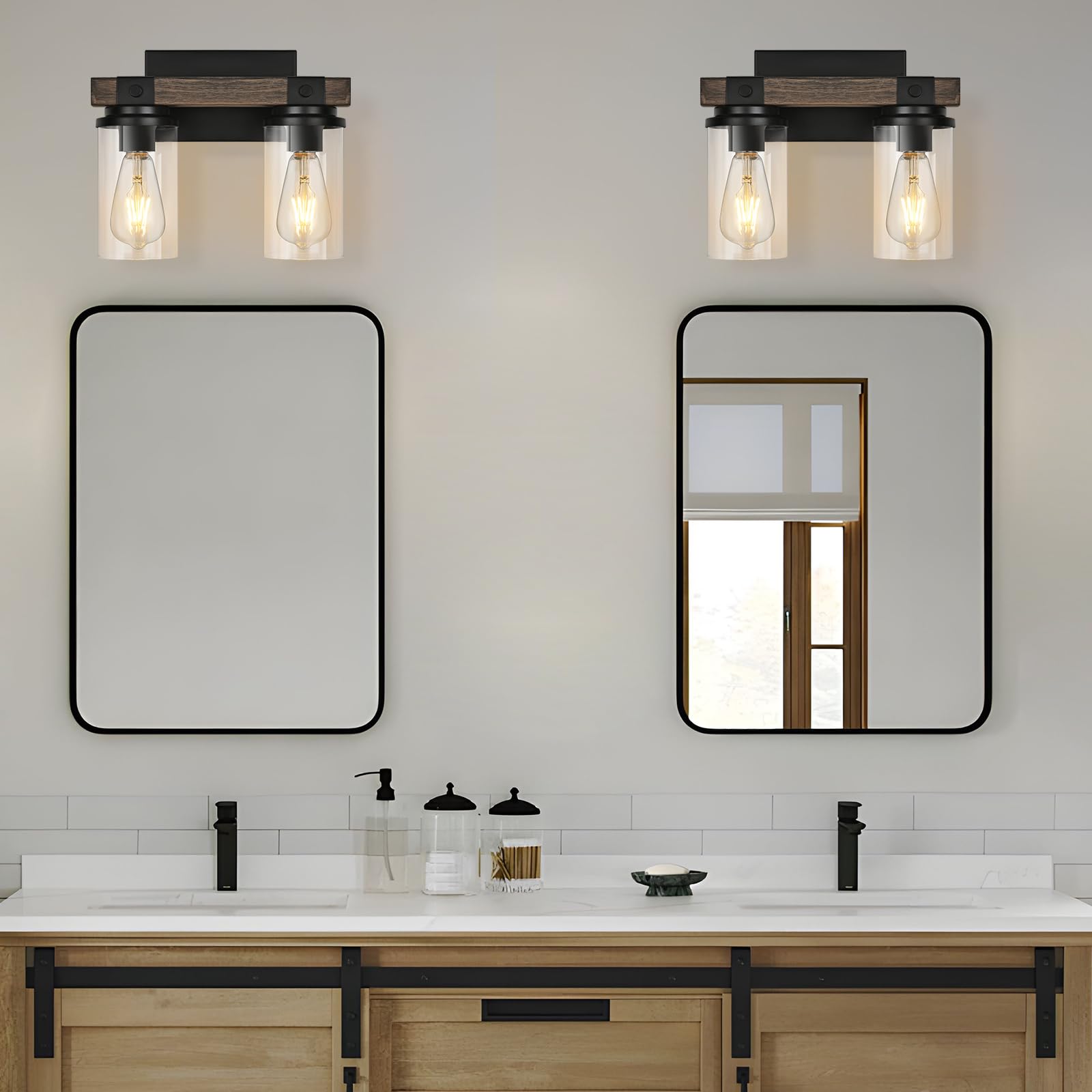 GoYeel 2-Light Wooden Wall Sconce - Rustic Bathroom Light Fixture with Clear Glass Shade, Industrial Wood Design for Hallway & Bedroom