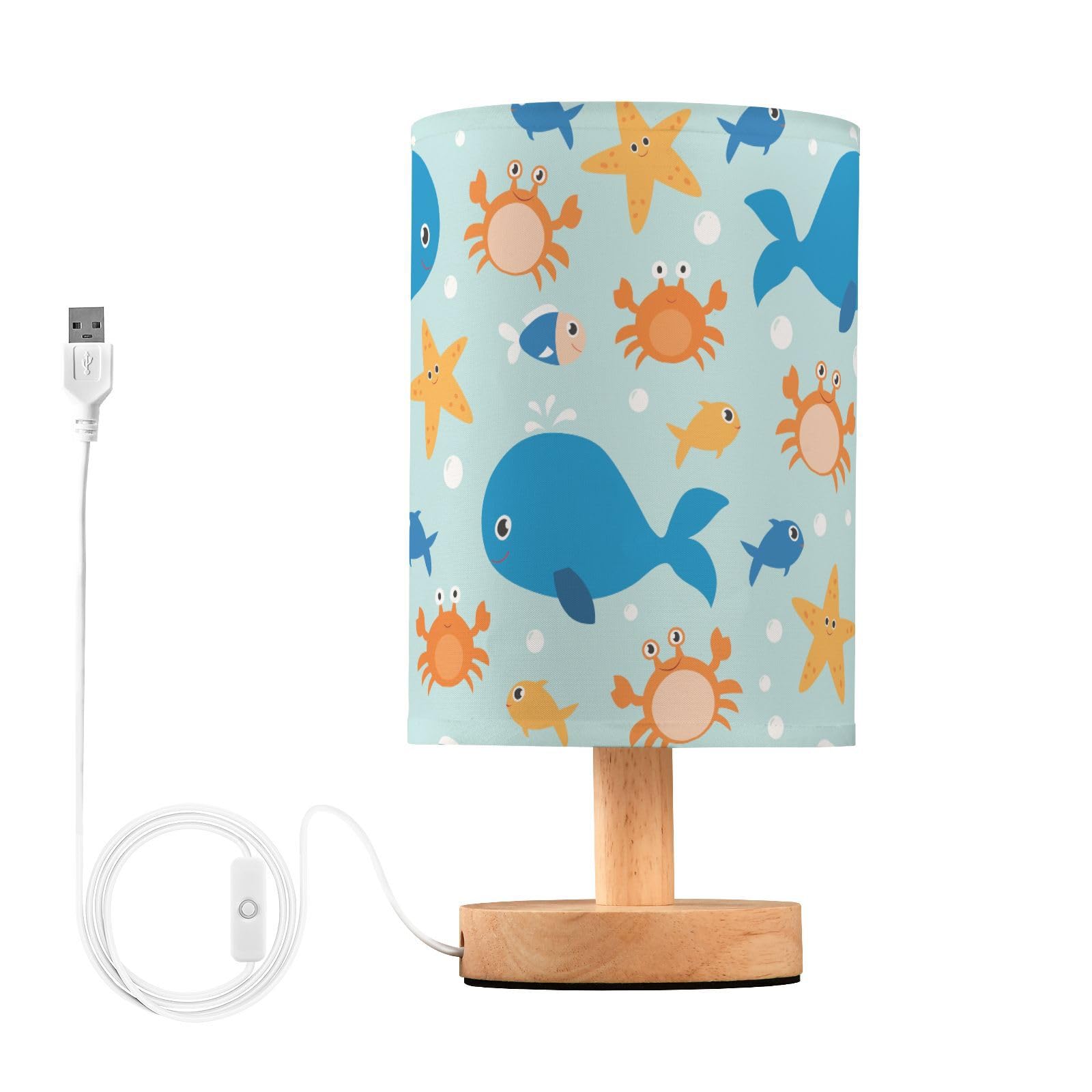 BOENLE Bedside Lamp Crab Fish Whale Starfish Table Lamp for Bedroom LED Nightstand Lamp Shade USB Ports Wood Base for Living Roo