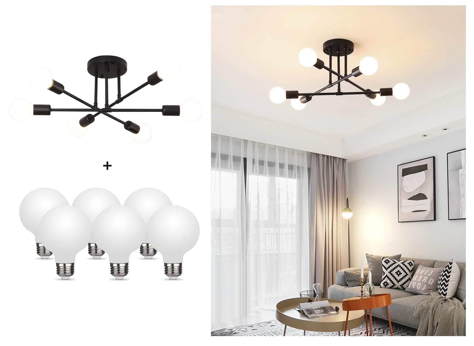 Dellemade Modern Sputnik Chandelier, 6-Light Ceiling Light, 6 Led Light Bulbs Included For Bedroom,Dining Room,Kitchen,Office (B