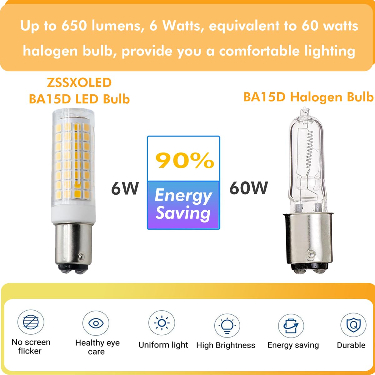 ZSSXOLED BA15D LED Bulb - 6W Dimmable Warm White 3000K, Double Contact Bayonet Base, Pack of 4