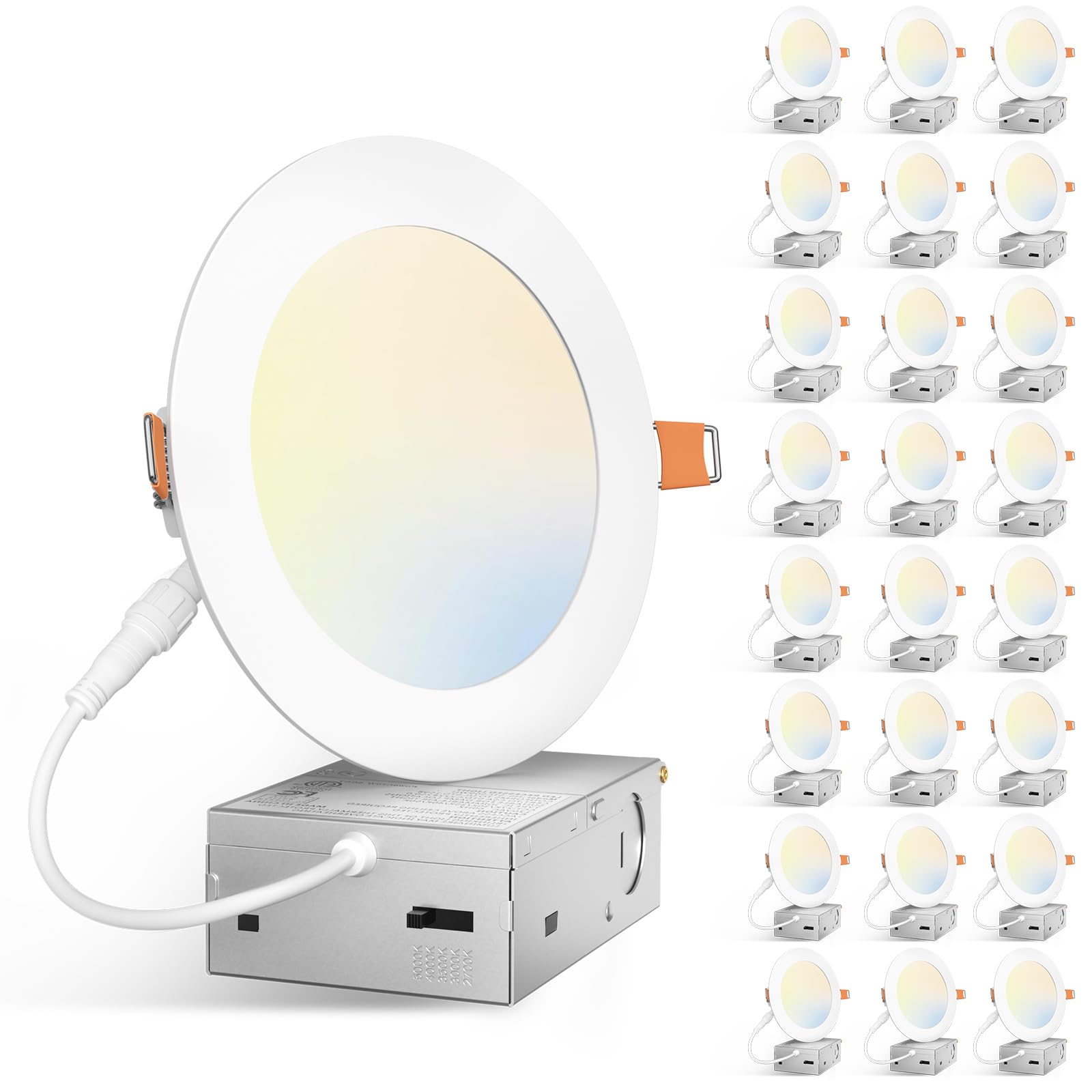 Amico 24 Pack 5 Inch 5CCT Ultra-Thin LED Canless Recessed Ceiling Light with Junction Box, 2700K/3000K/3500K/4000K/5000K Selecta