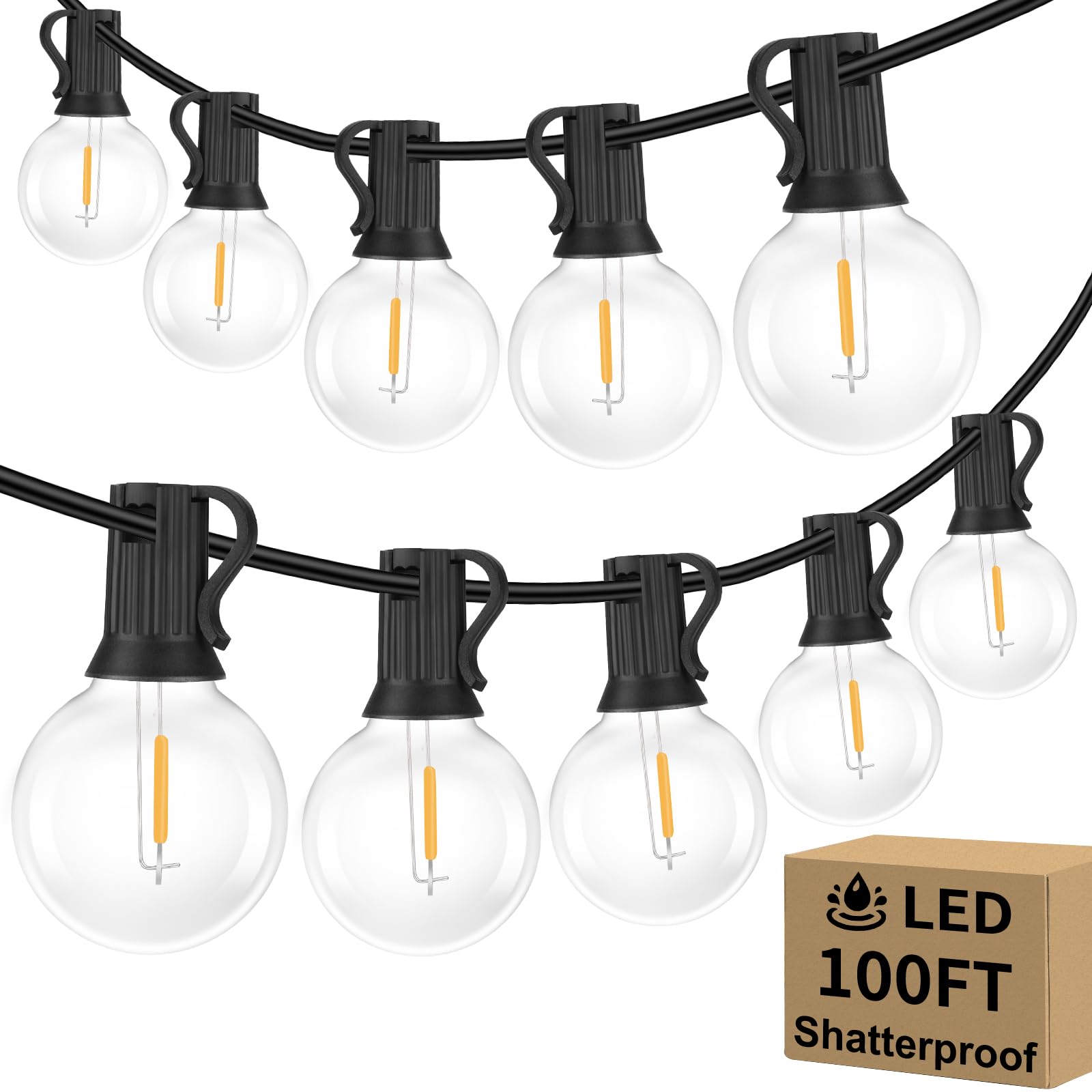 Bosceos 100FT Outdoor G40 LED Globe String Lights, Dimmable, Waterproof, Shatterproof, 104 Bulbs, Black, Model GYPC-O100LAU
