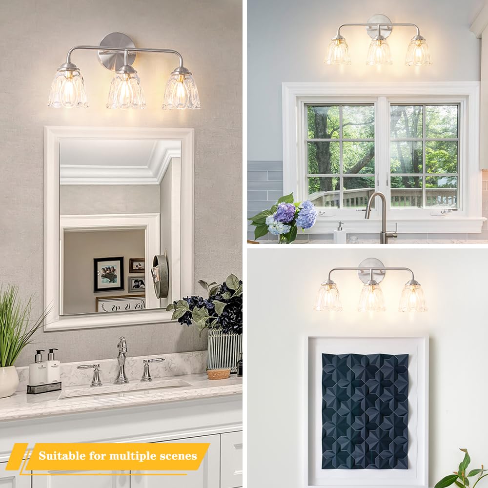 Daunton Vintage 3-Light Vanity Lighting For Bathroom, Elegant Bathroom Vanity Light With Flower Glass Shade, Nickel Bathroom Lig