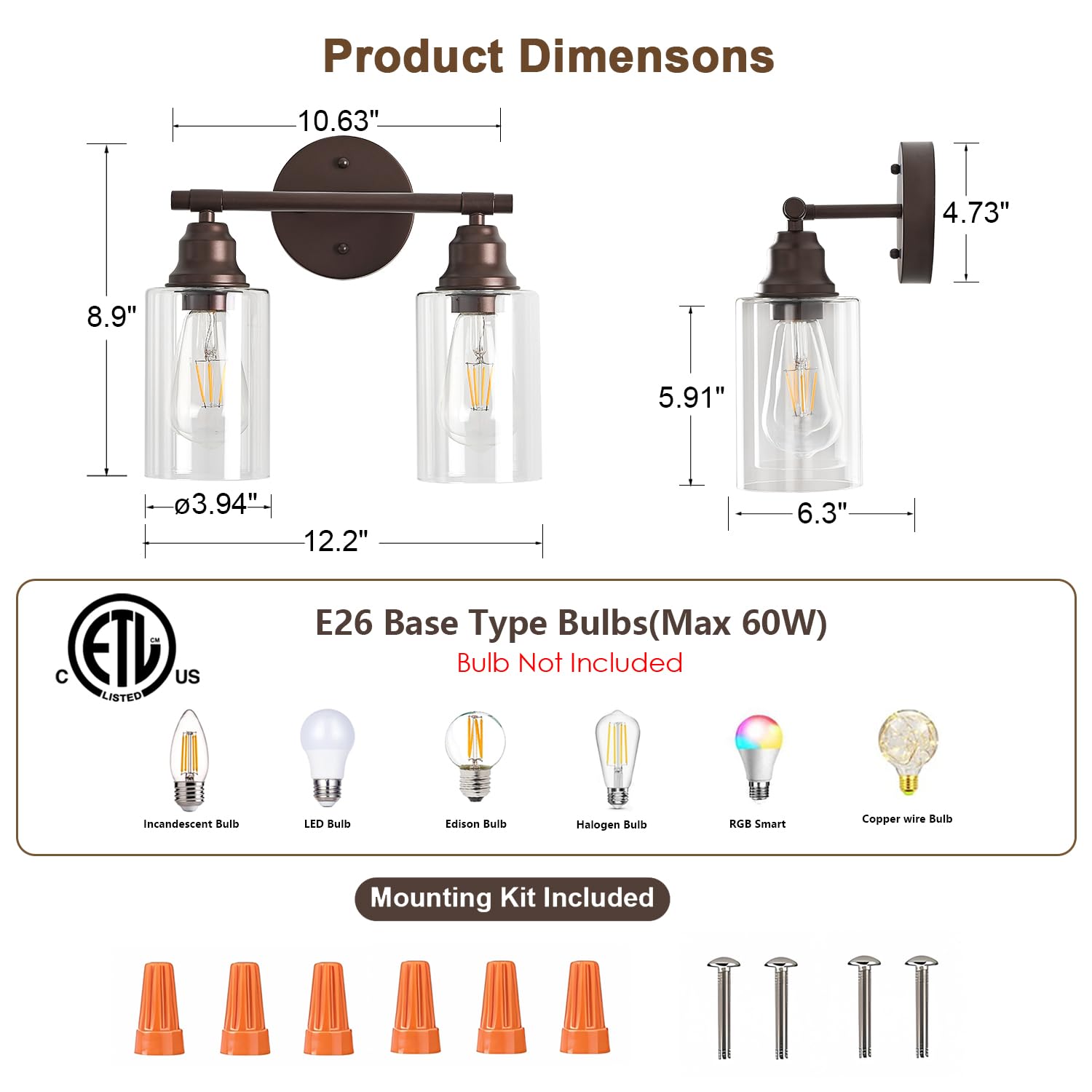 Refice Bathroom Vanity Lights Over Mirrors, 2-Light Vintage Wall Sconces With Clear Glass Shades For Mirror, Living Room, Farmho