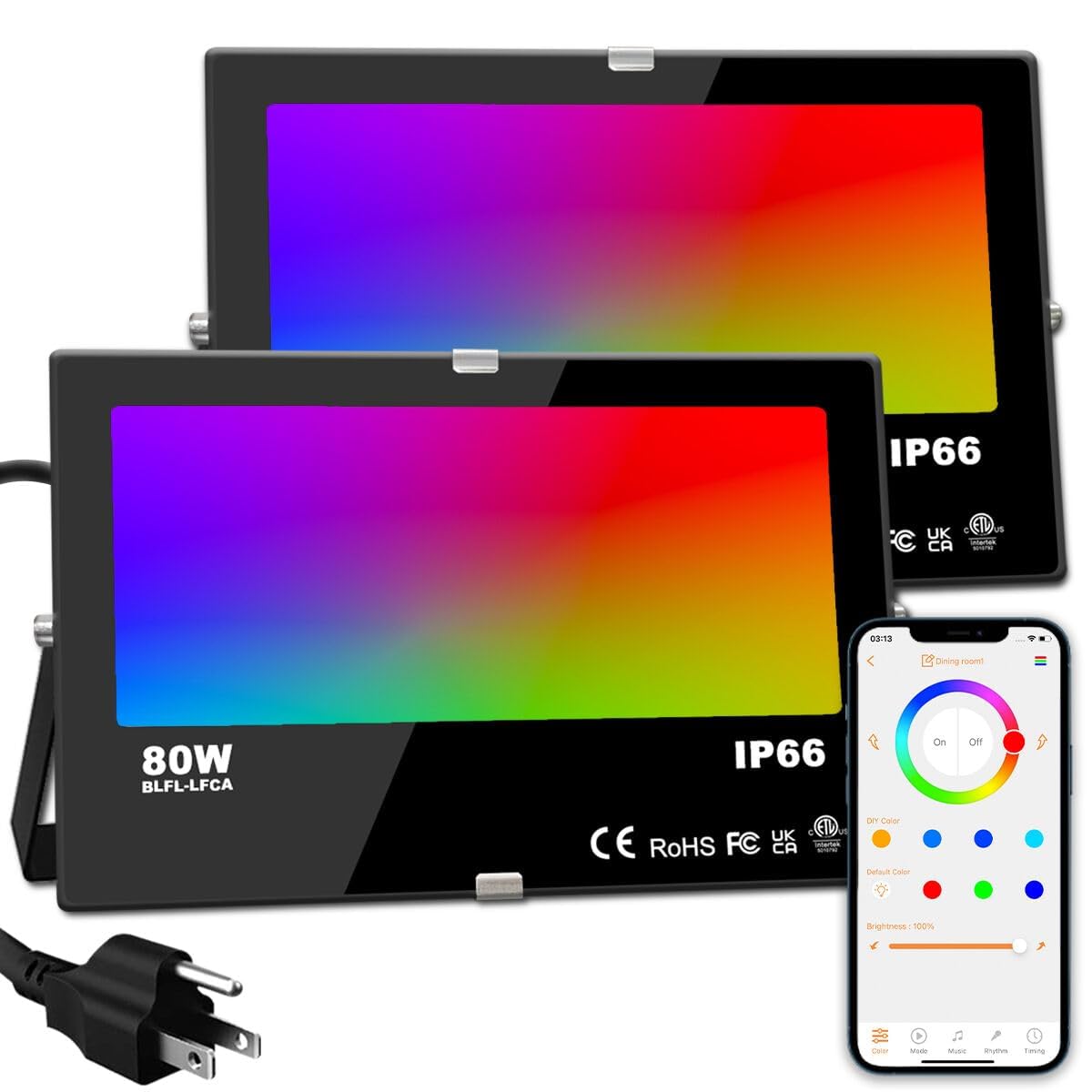 ILC LED Flood Light 80W, 8000LM, RGB Color Changing, IP66 Waterproof, 2 Pack