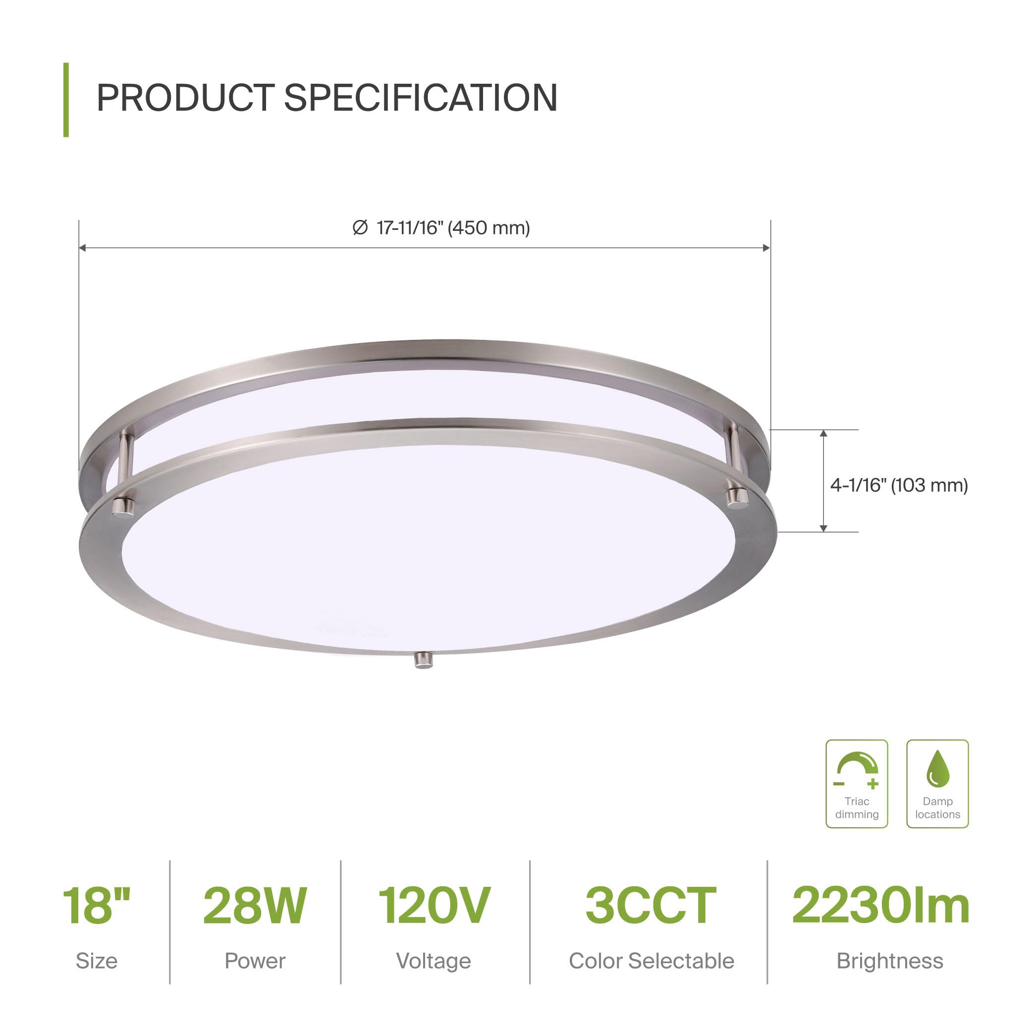 Asd Led 18 Inch Round Flush Mount Light Fixture | 28W 2250Lm 3000K-5000K 120V | 3Cct  Dimmable  Energy Star  Etl Listed | Close To Ceiling Double Ring Lamp  Low Profile Lighting | Nickel  4 Pack