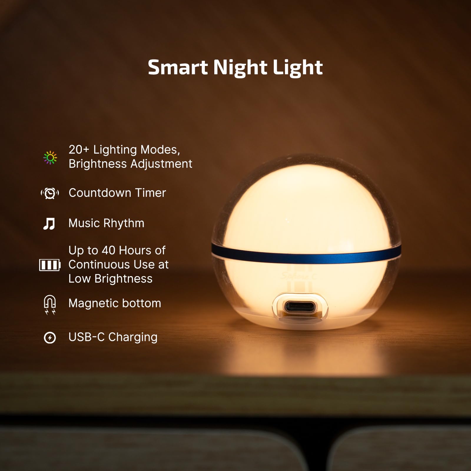 OLIGHT Sphere C Smart Night Light, USB-C Rechargeable, 75 Lumens, Dimmable, Portable, Small, White, Model O-SPHERE-C-300000