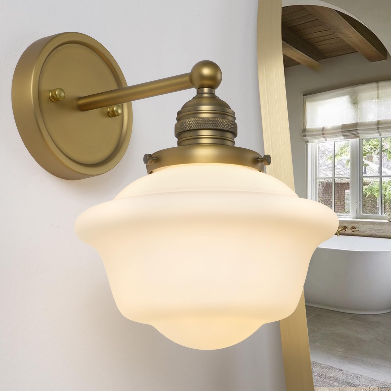 Teqinchy Gold Wall Sconce  Vintage Bathroom Vanity Light  Modern Frosted Milk Glass Sconces Brass Wall Lights for Living Room Bedroom Kitchen Hallway Stairway E26 Hardwire Indoor