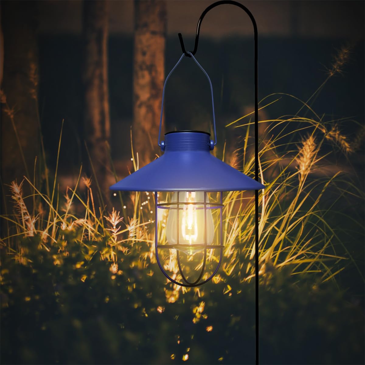 pearlstar Solar Lantern Outdoor Hanging Light - Metal, Warm White Edison Bulb, Blue, Model HIA049-Blue for Garden, Yard, Patio Decor