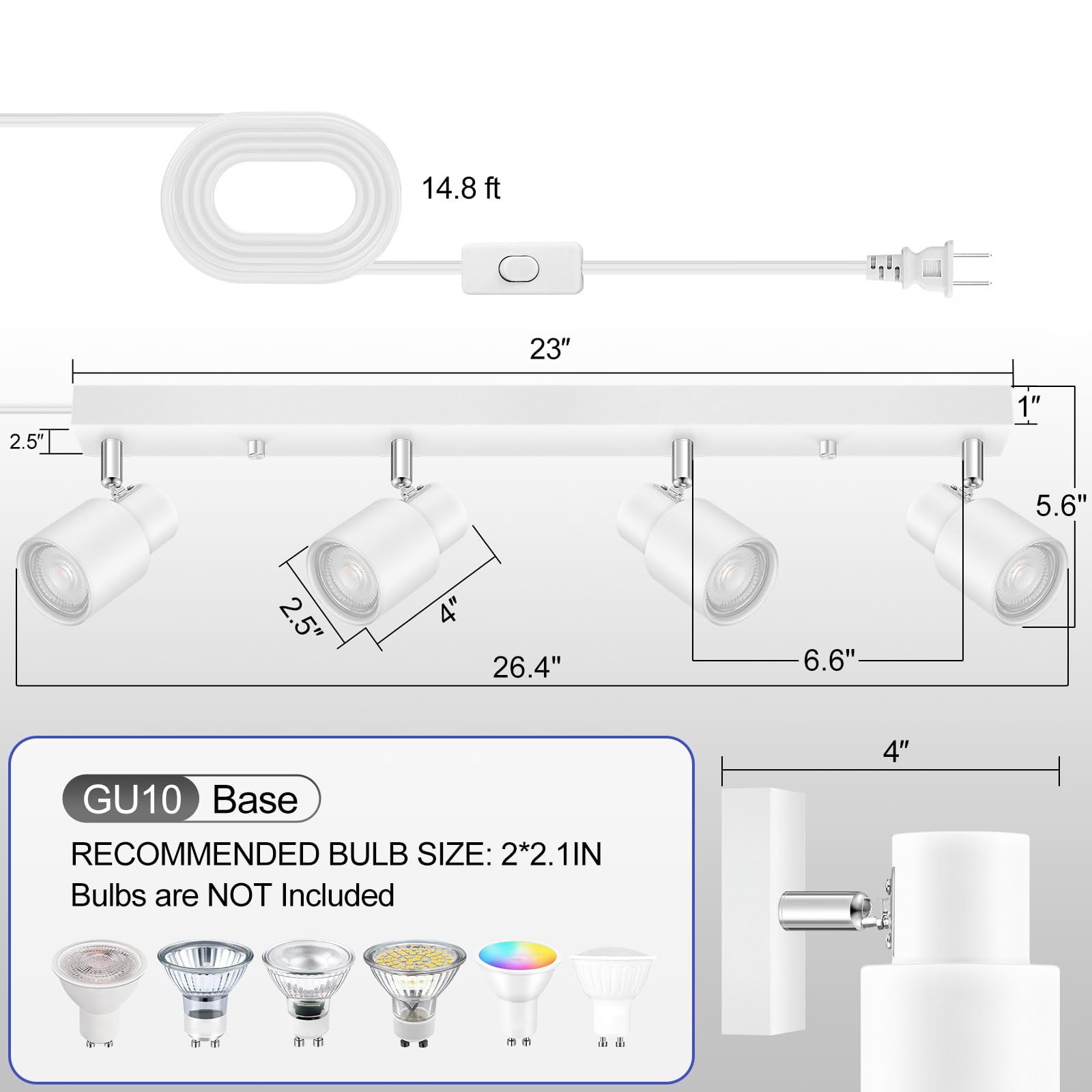 Plug-In Led Track Light Fixtures, 23'' White 4-Way Spotlight, Rotatable Track Head, Plug-In Ceiling Light With Power Cord, Wall