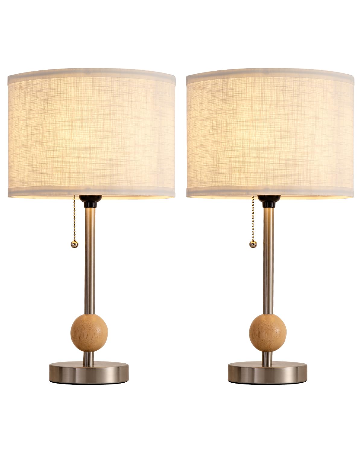 Etonovate Small Table Lamps Set of 2, 17.7 Inch Bedside Lamp with Linen Shade, Metal Body, Wooden Accent and Pull Chain, Side Ta