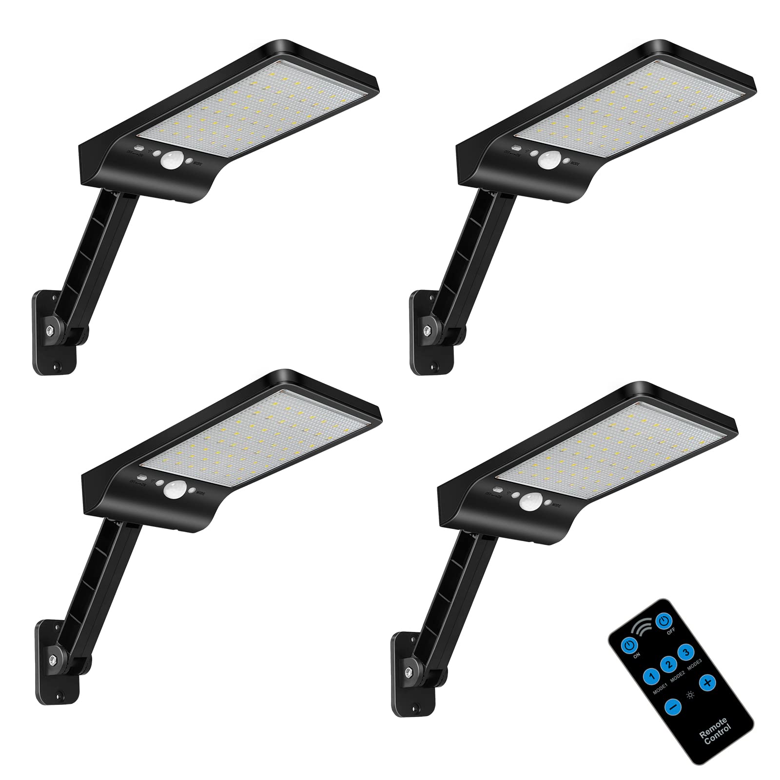 Aqonsie Solar Flood Light with Remote, 180° Adjustable, 56LED, 3 Lighting Modes, Black, 4 Pack
