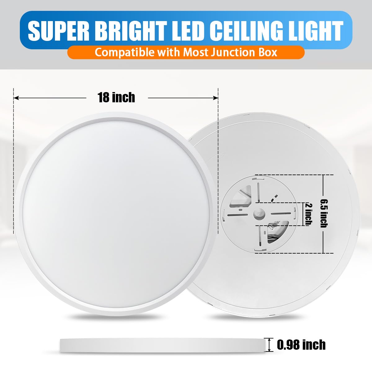 Allsmartlife Led Flush Mount Ceiling Light 2-Pack, 18 Inch 36W 4650Lm Dimmable Led Ceiling Light, 3000K/4000K/6500K, Round Led L
