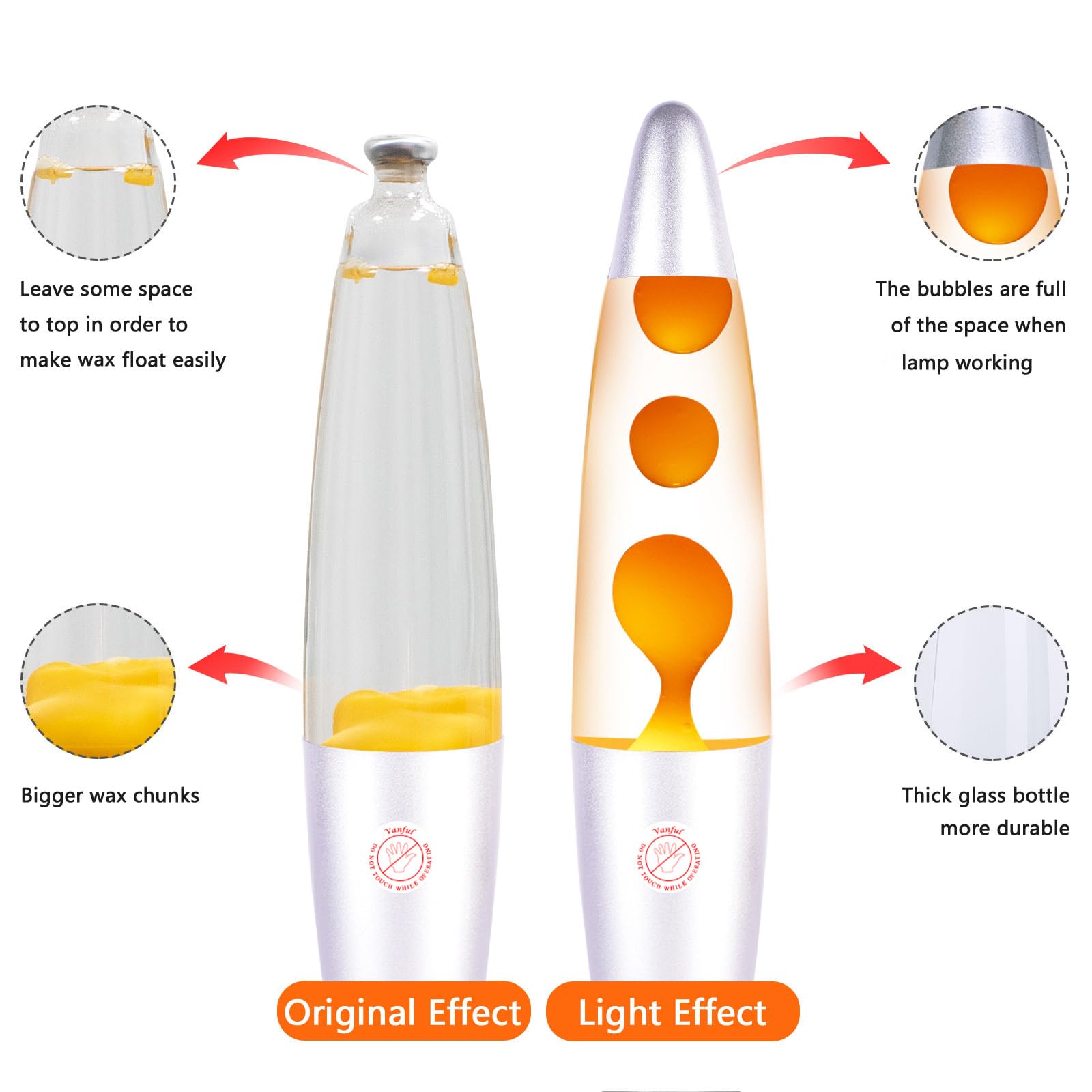 Vanful Orange Magma Lamp - 13in Liquid Motion Night Light, Aluminum, Silver Base, Mood Decor for Home, Office, Kids