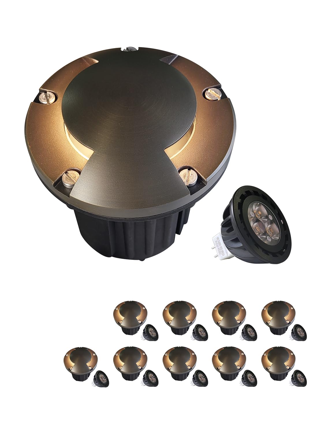 Malory Brass Top Cover Landscape Well Lights (6H) 12V Low Voltage Outdoor In Ground Lights Landscape Lighting For Pathway  Driveway And Garden (Two-Direction Turret  10-Pack With Bulb)