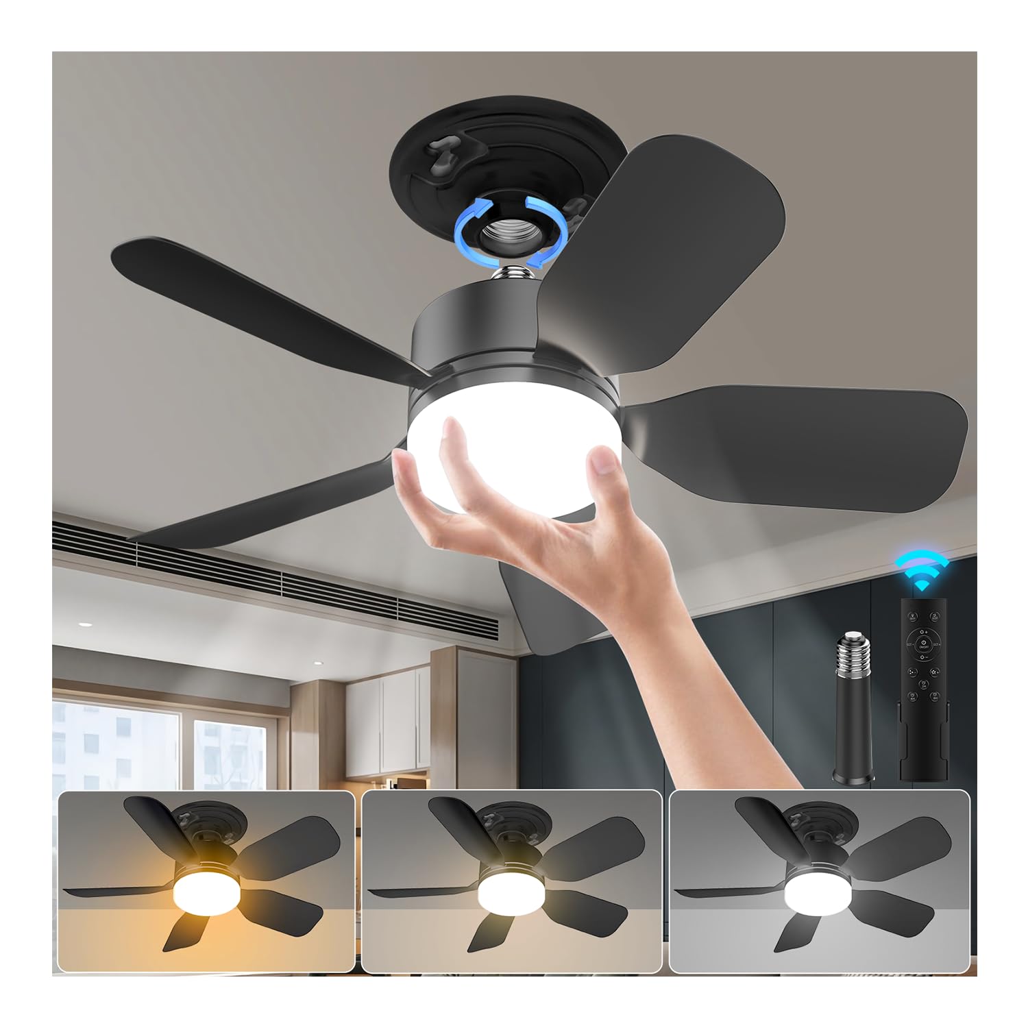 Aupuslite 20 '' Socket Fan Light With Remote, 30W Socket Ceiling Fan 2000 Lumens, 3 Colors Light 3000-6000K 6 Speed Wind Setting