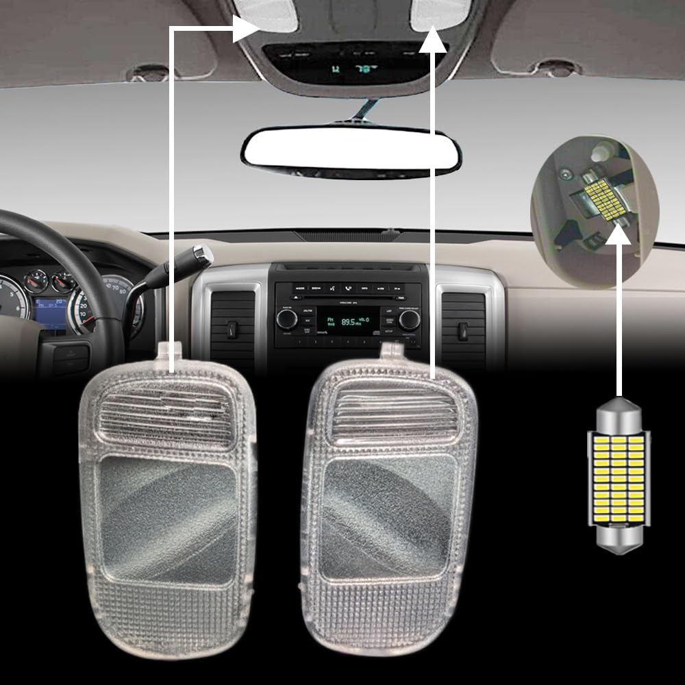 ModitoFix Clear Dome Light Lens Cover Kit with White LED Bulbs for 2002-2009 Dodge Ram 1500 2500 3500 Pickup Truck