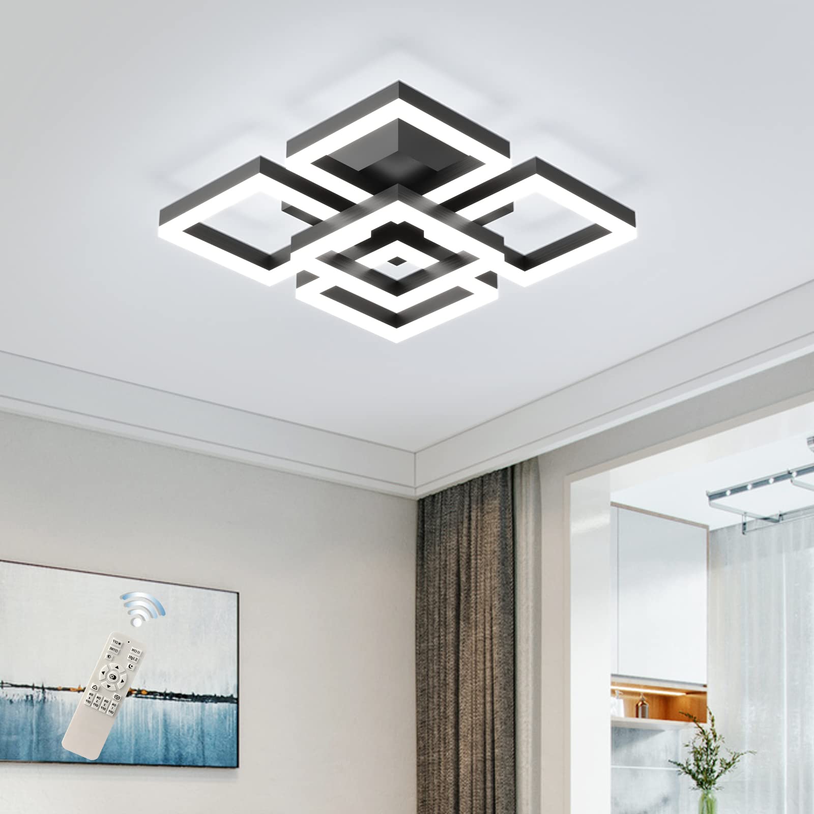 Geadi Modern Led Ceiling Light, 64W Dimmable Black Flush Mount Light 5-Square Ceiling Lamp With Remote Control, Acrylic Ceiling 