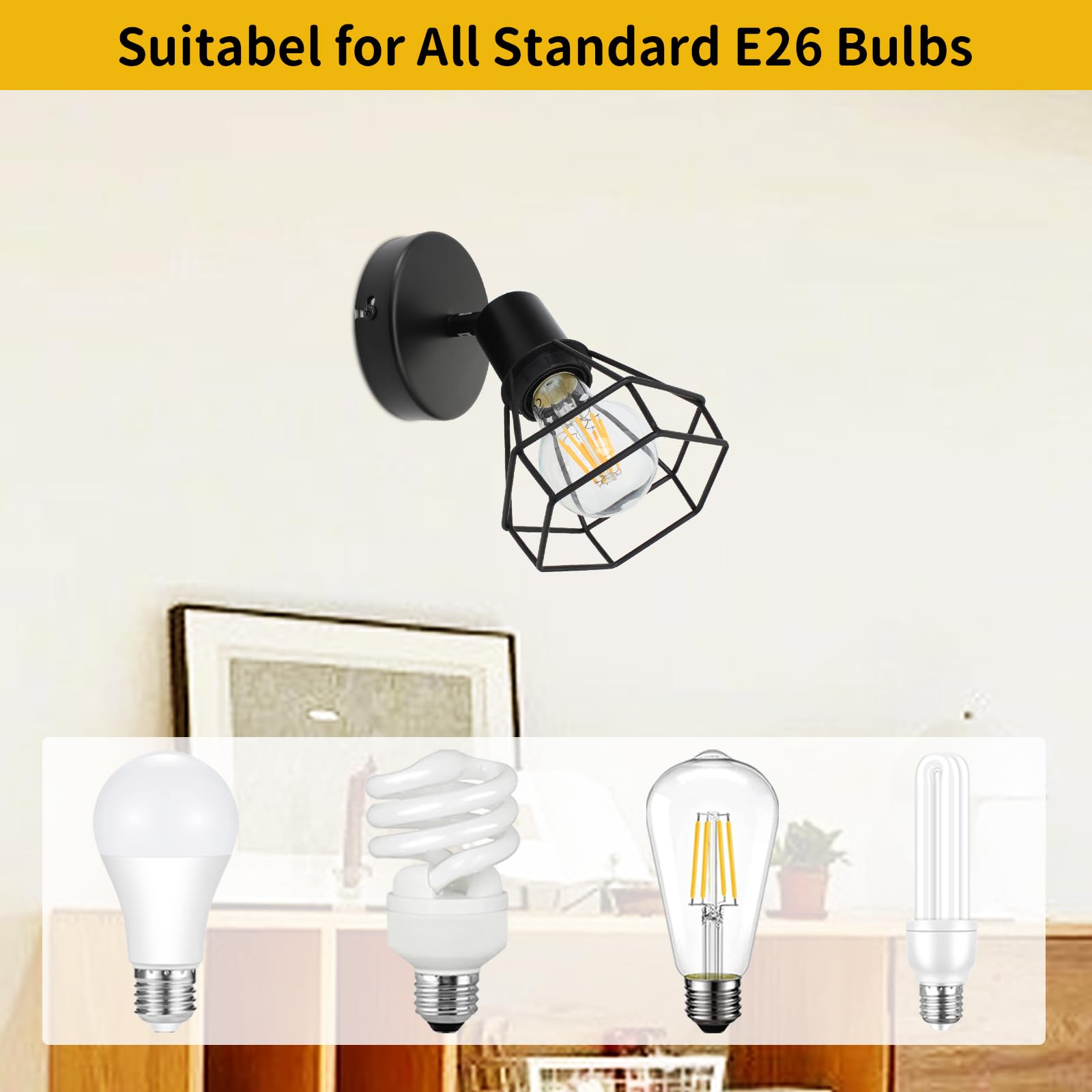 Hibay Led Track Lighting Fixture, 1-Light Adjustable Spot Light Ceiling Wall Mount, Black Geometric Metal Cage Industrial Spotli