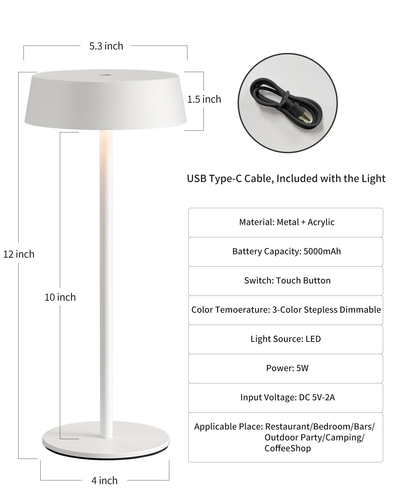 VISDANFO Modern Cordless Table Lamp Set of 2, Portable LED Desk Lamps, Rechargeable 5000mAh Battery Operated, Dimming Night Ligh