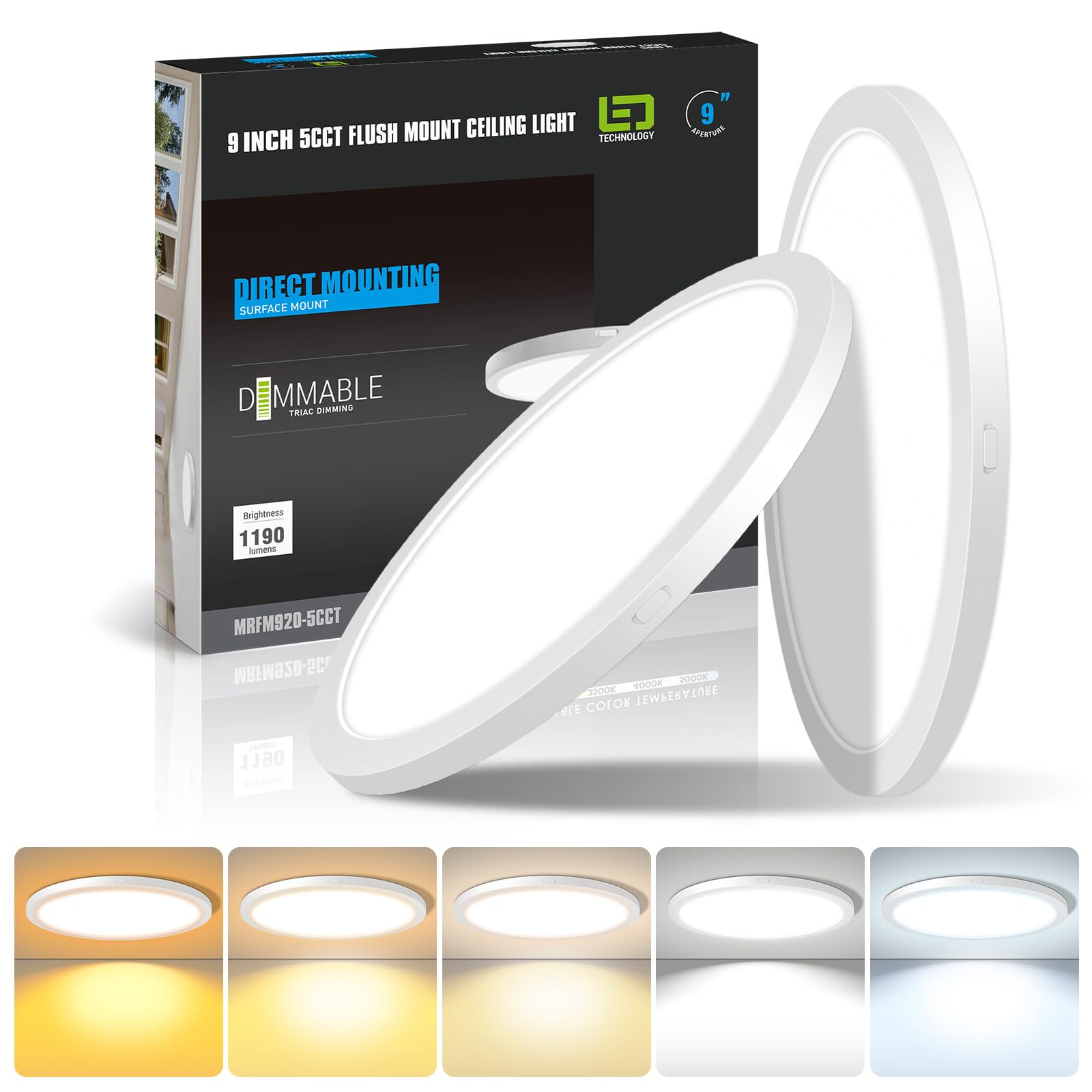 Mw 2 Pack Led Flush Mount Ceiling Light 9 Inch, 20W, 2700K/3000K/3500K/4000K/5000K, Hardwire Light Fixture, Ultra Thin Lights Fo