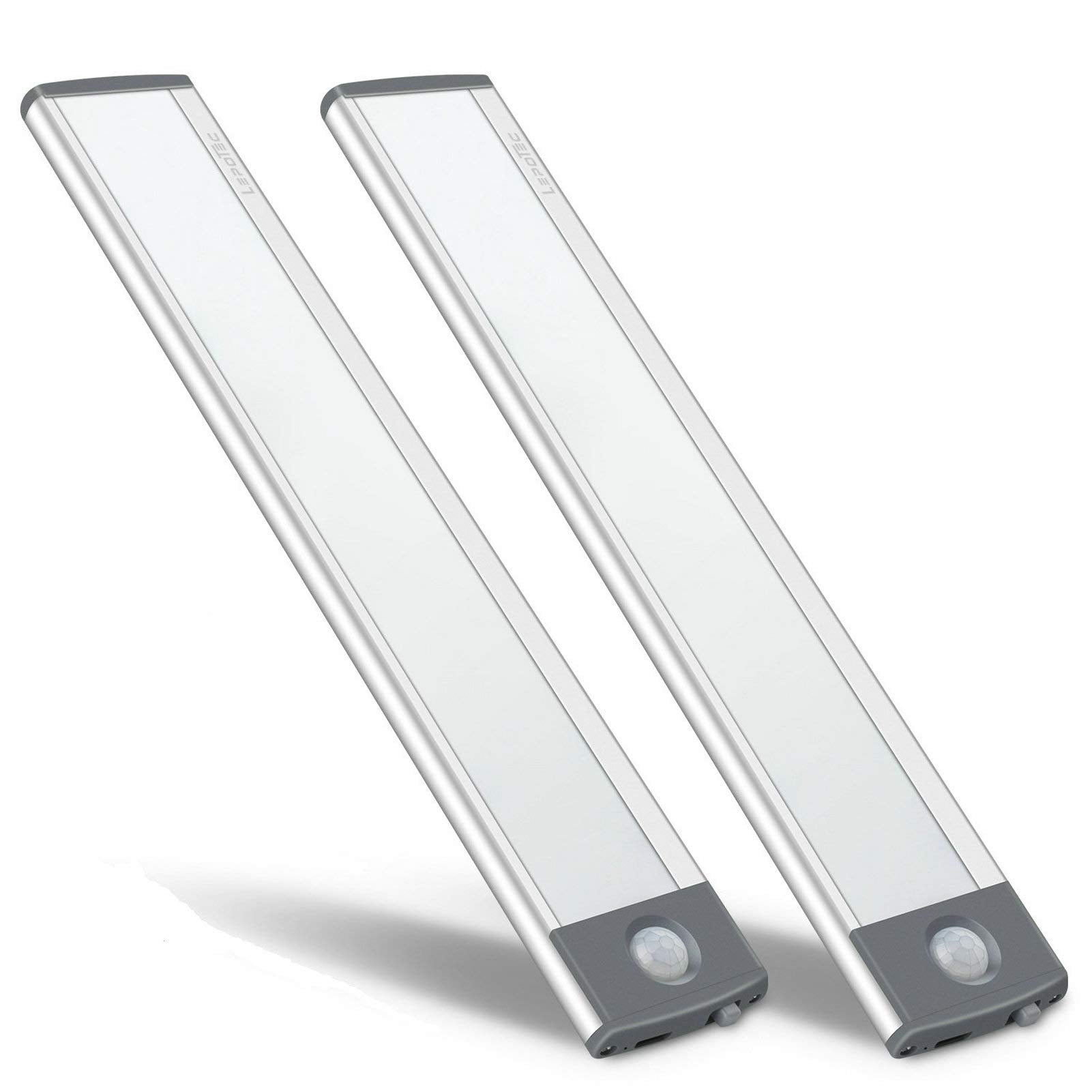 LEPOTEC 30-LED Motion Sensor Cabinet Light, Wireless USB Rechargeable, Aluminum, 7.8inch, Silver-white Light, Model TL030-2, 2-Pack