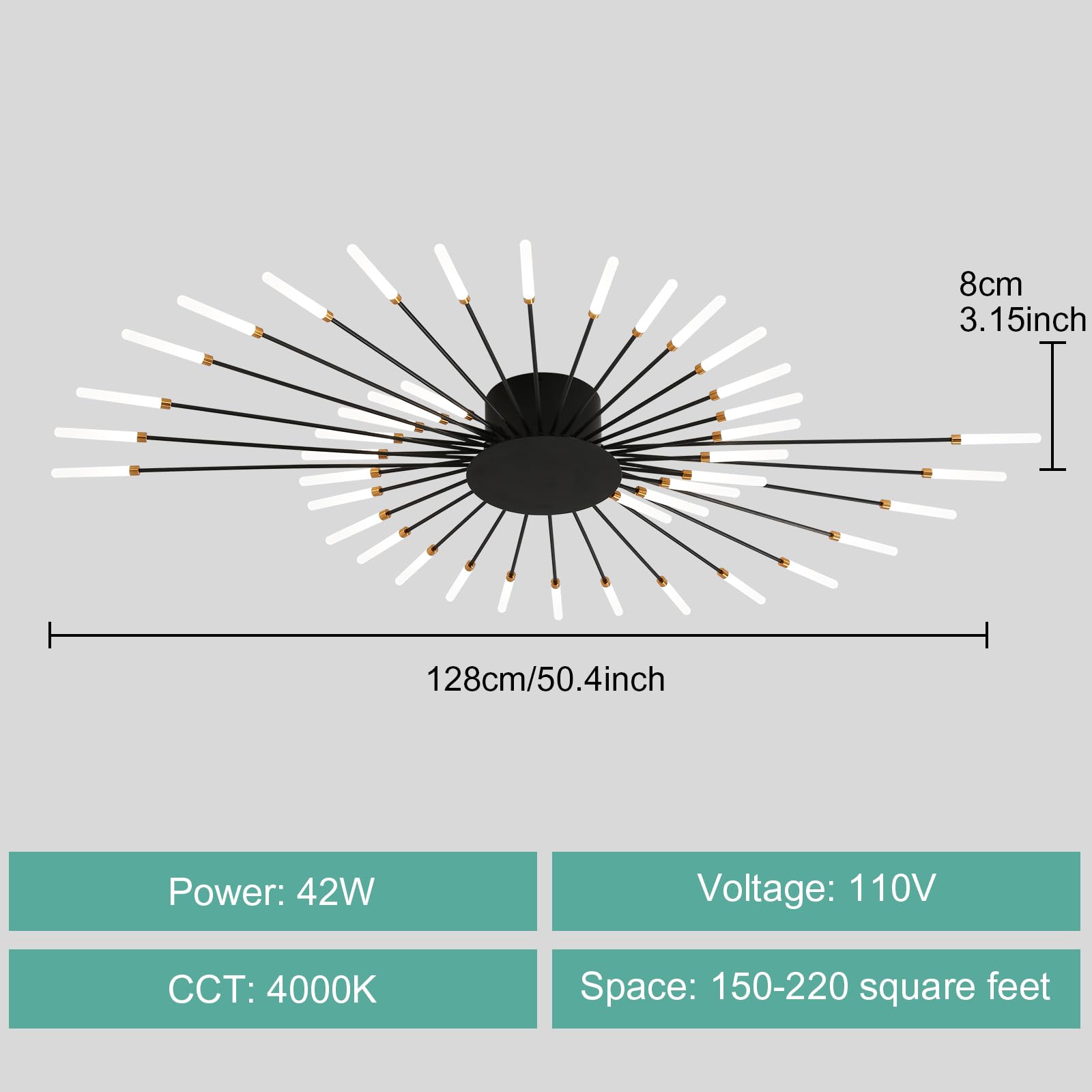 Ziidoo Modern Ceiling Light  42 Lights Metal Firework Designed Chic Led Lighting Fixture For Farmhouse Kitchen Dining Room Bedroom Hallway Living Room (Black)