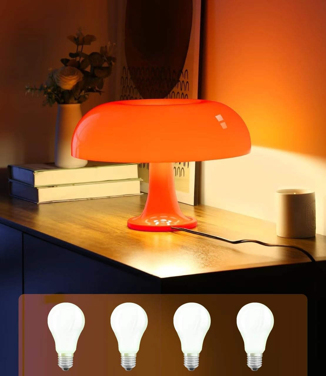 Anykonio Orange Mushroom Lamp  Mid Century Modern Table Lamp for Bedroom  Aesthetic Mushroom Decor Bedside Small Lamps  2700K(Bulb Replaceable  Bulb Included  Plug Powered)