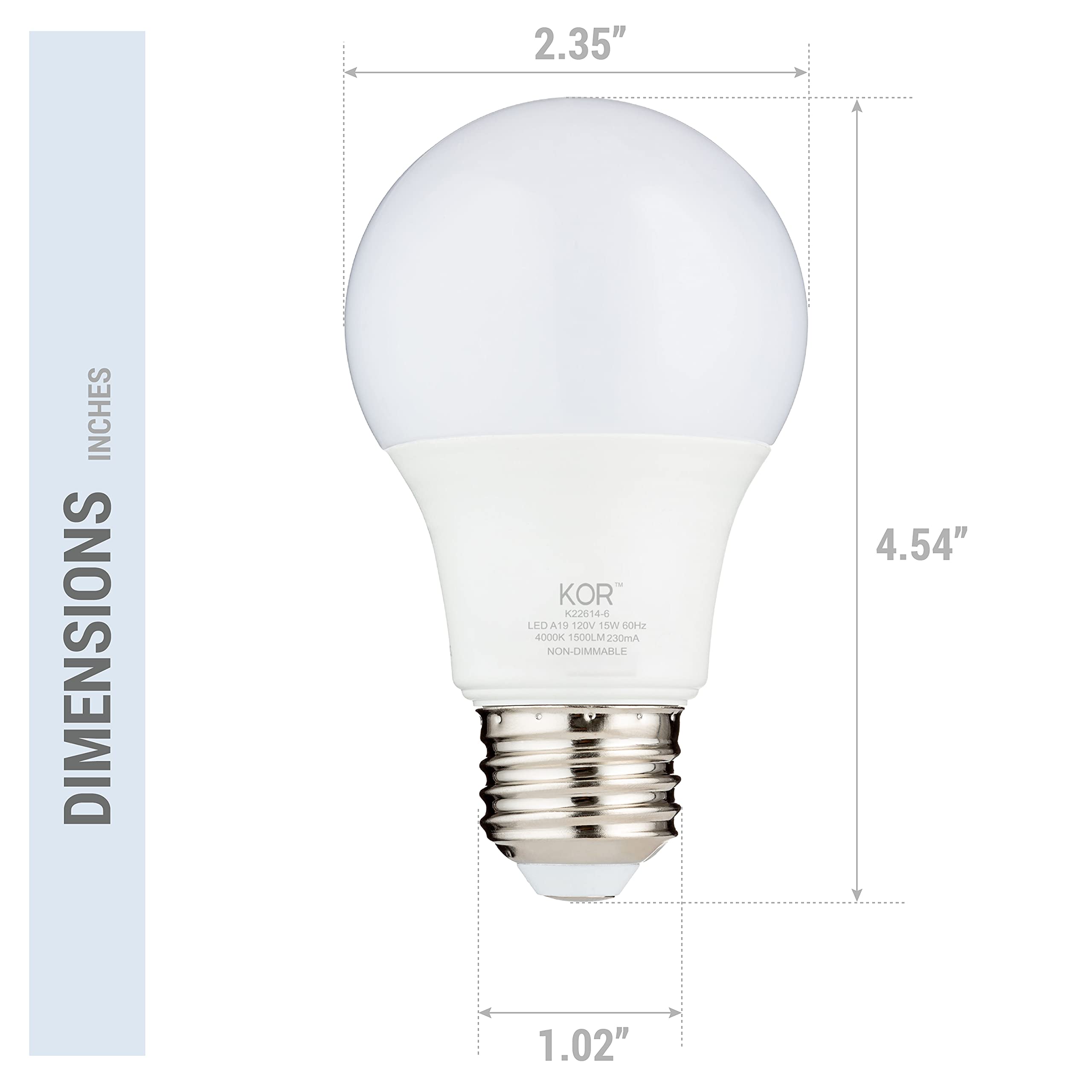 Kor 100W Equivalent Led Light Bulbs, 15W 40K 1500 Lumens Cool White 4000K Non-Dimmable, A19 E26 Standard Base, 10000 Hour Lifeti