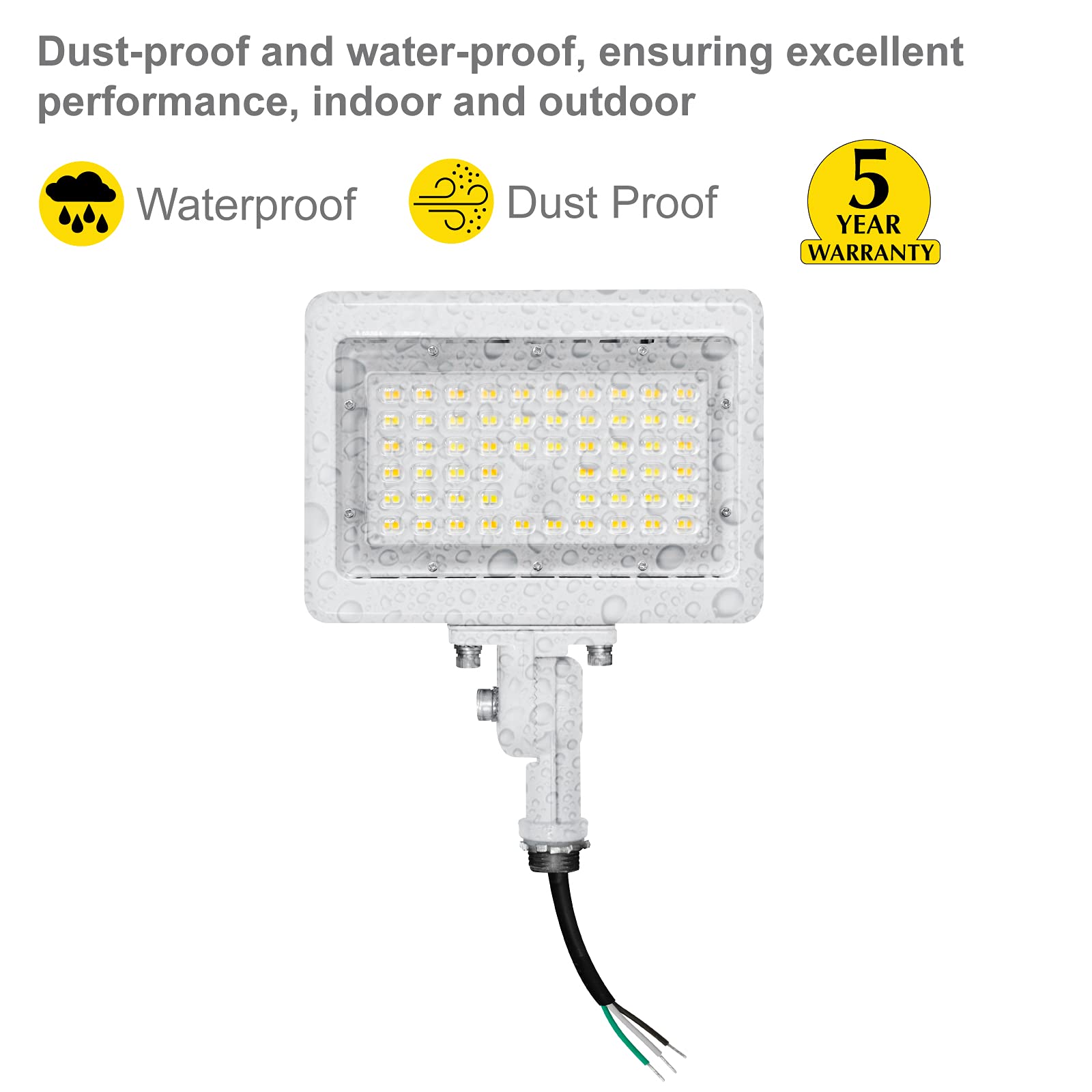 Nuwatt 50W Led Flood Light, 3Cct 3000K/4000K/5000K Selectable, Ip65 Waterproof Lighting, Adjustable Knuckle Mount, 7050Lm, 0-10V Dimmable, 120-277V, Outdoor Security Floodlight For Yard, White, Ul