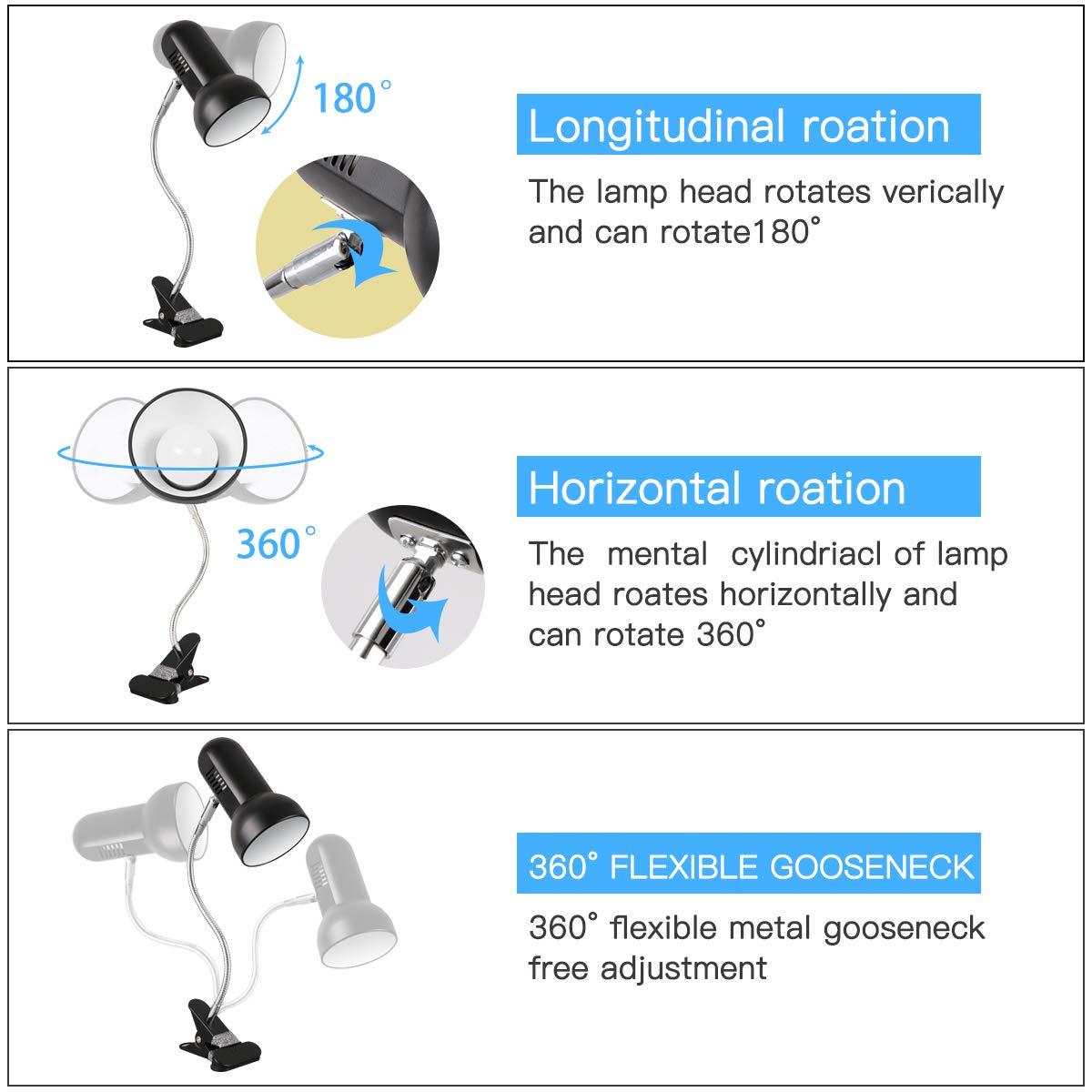 Szmanweisi Clamp Desk Lamp - 360° Flexible Black Metal Clip-On Light For Reading, Home, Bedroom, Piano, And Headboard Use