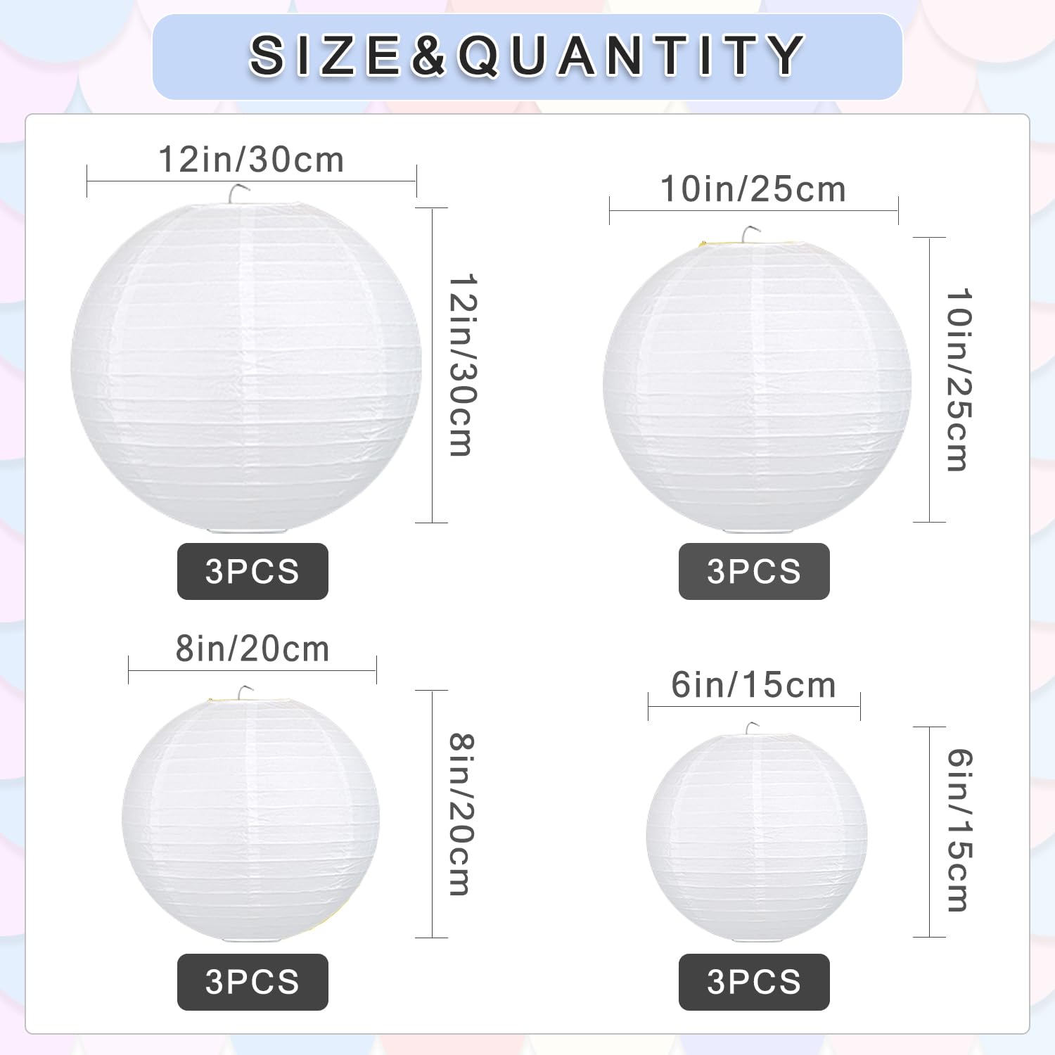 Peywot 12Pcs Round Paper Lanterns Assorted Sizes (6" 8" 10" 12") For Home Decor, Restaurant, Church, Wedding, Birthday Party Decorations, Hanging Chinese Japanese Paper Lantern Lamps (White)