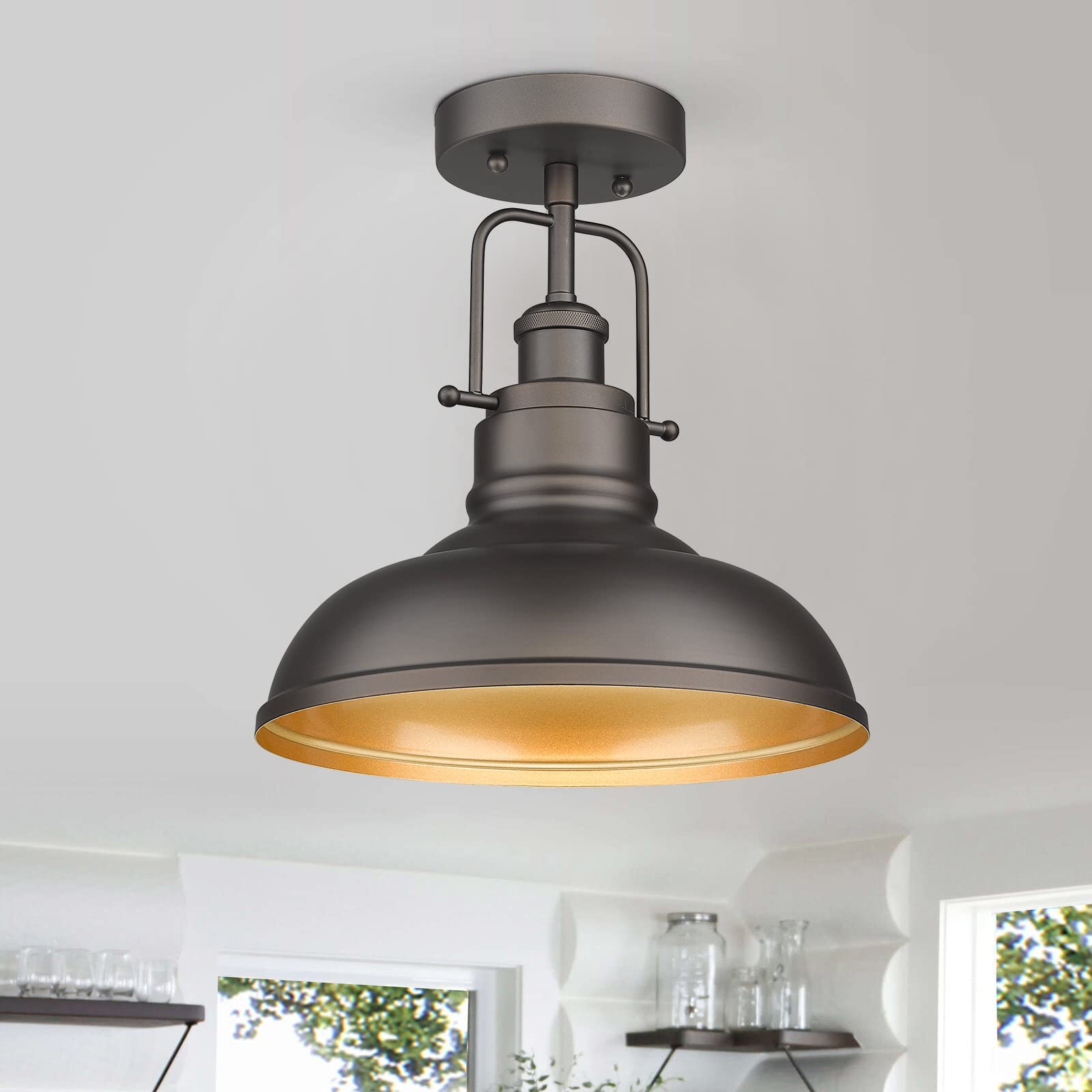 Zeyu Farmhouse Semi Flush Mount Light Fixture, 11 Inch Industrial Ceiling Light Fixture For Indoor Outdoor, Oil Rubbed Bronze Fi