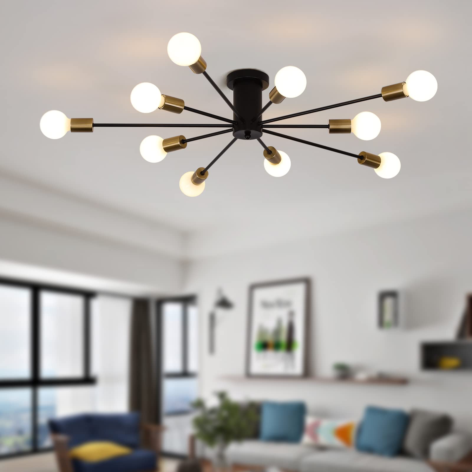 Garwarm Modern Sputnik Ceiling Light  10-Light Mid Century Sputnik Chandelier Industrial Semi Flush Mount Ceiling Light Fixture for Living Room Kitchen Bedroom Farmhouse Dining Room(Black+Gold)
