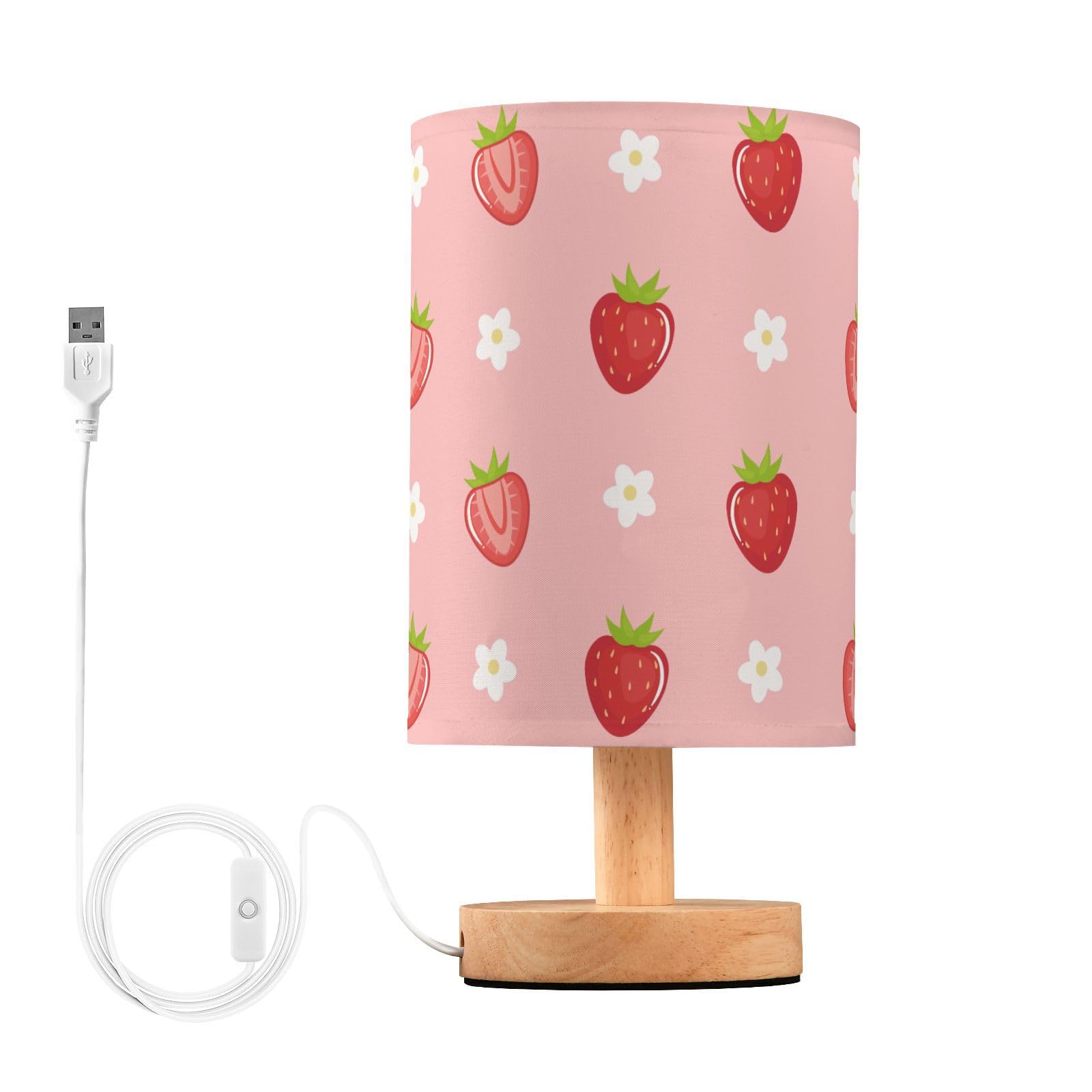 Oarencol Bedside Table Lamp Cute Strawberry Florals Nightstand Lamp with Wood Fruits Flowers Pink Desk Lamps for Bedroom Living 