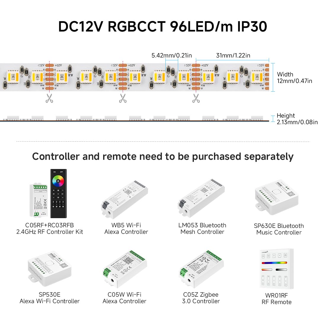 BTF-LIGHTING RGBCCT LED Tape Lights 16.4ft 5050SMD 480LED Dimmable 2700K-6500K White PCB IP30 DC12
