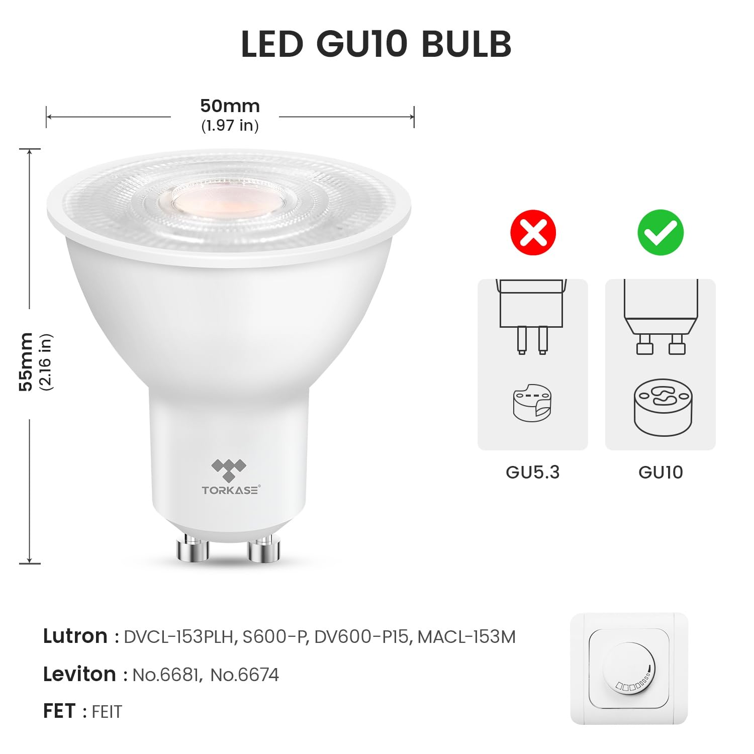 Torkase Gu10 Led Bulbs 3000K Warm White, Dimmable, 10-Pack, 5W Replaces 50W Halogen, 120V 500Lm, Ideal For Kitchen, Range Hood,