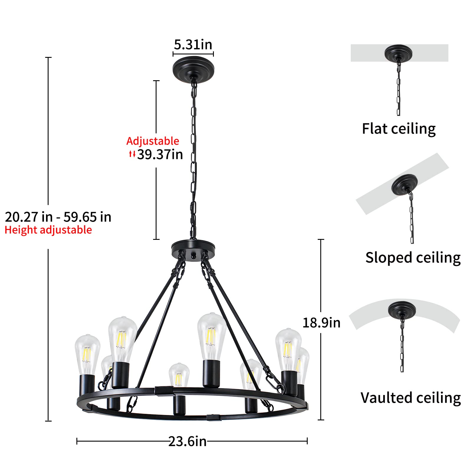 Rviezza 8 Lights 23.6'' Wagon Wheel Chandelier, Farmhouse Chandelier, Rustic Vintage Round Farmhouse Pendant Lighting, Black Met