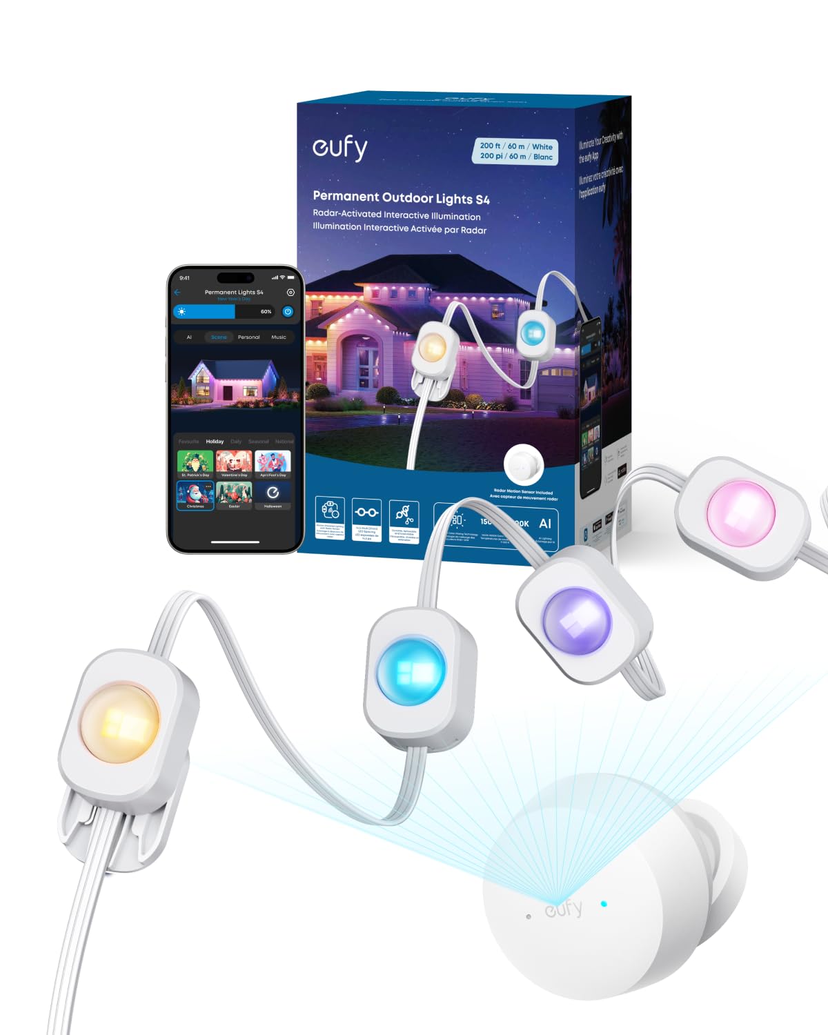 eufy Outdoor Permanent Lights S4, 3D Radar-Activated, 200ft, 144 LED, Smart RGBWW, IP67 Waterproof, Model T8L04, White