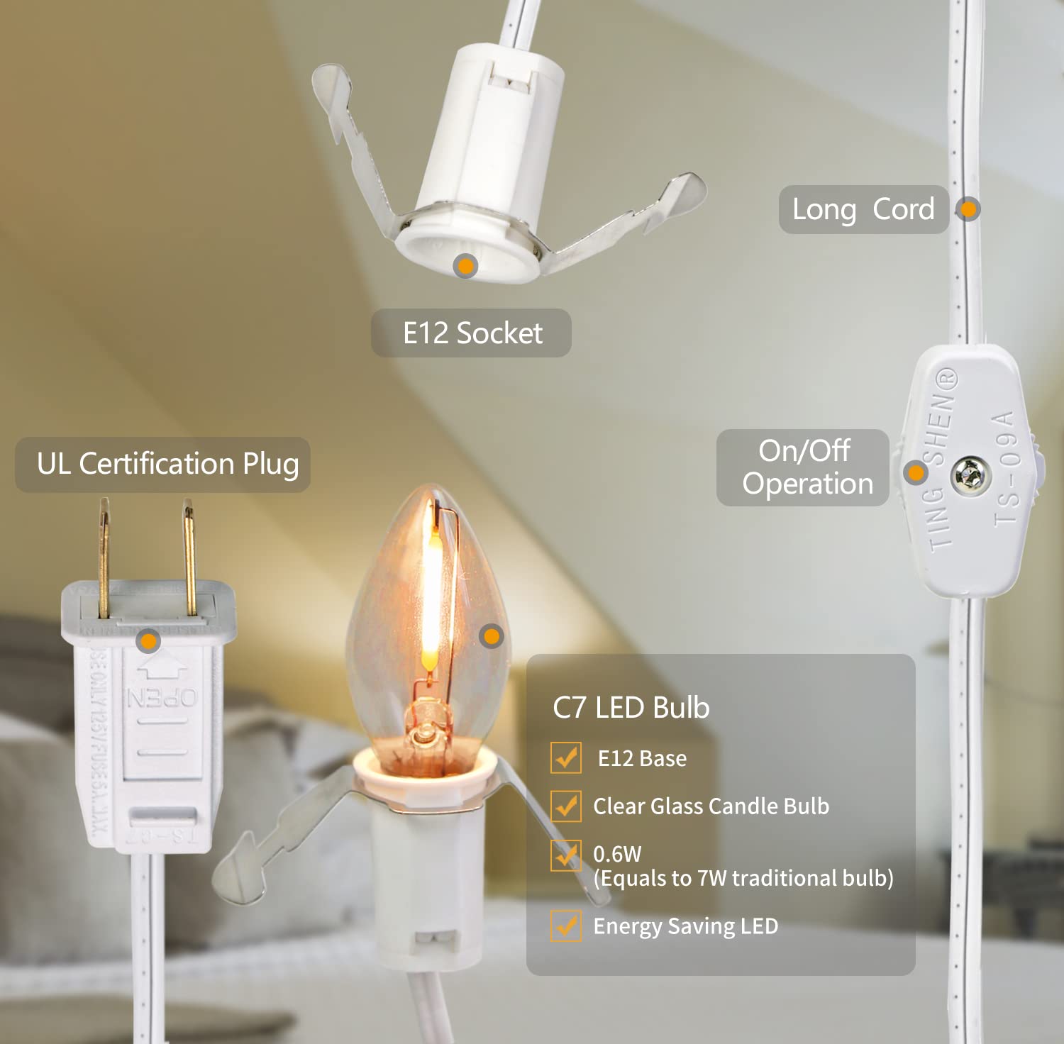 Meilux C7 Led Christmas Village Light Accessory Cord With 5 Warm White Bulbs And Fuse