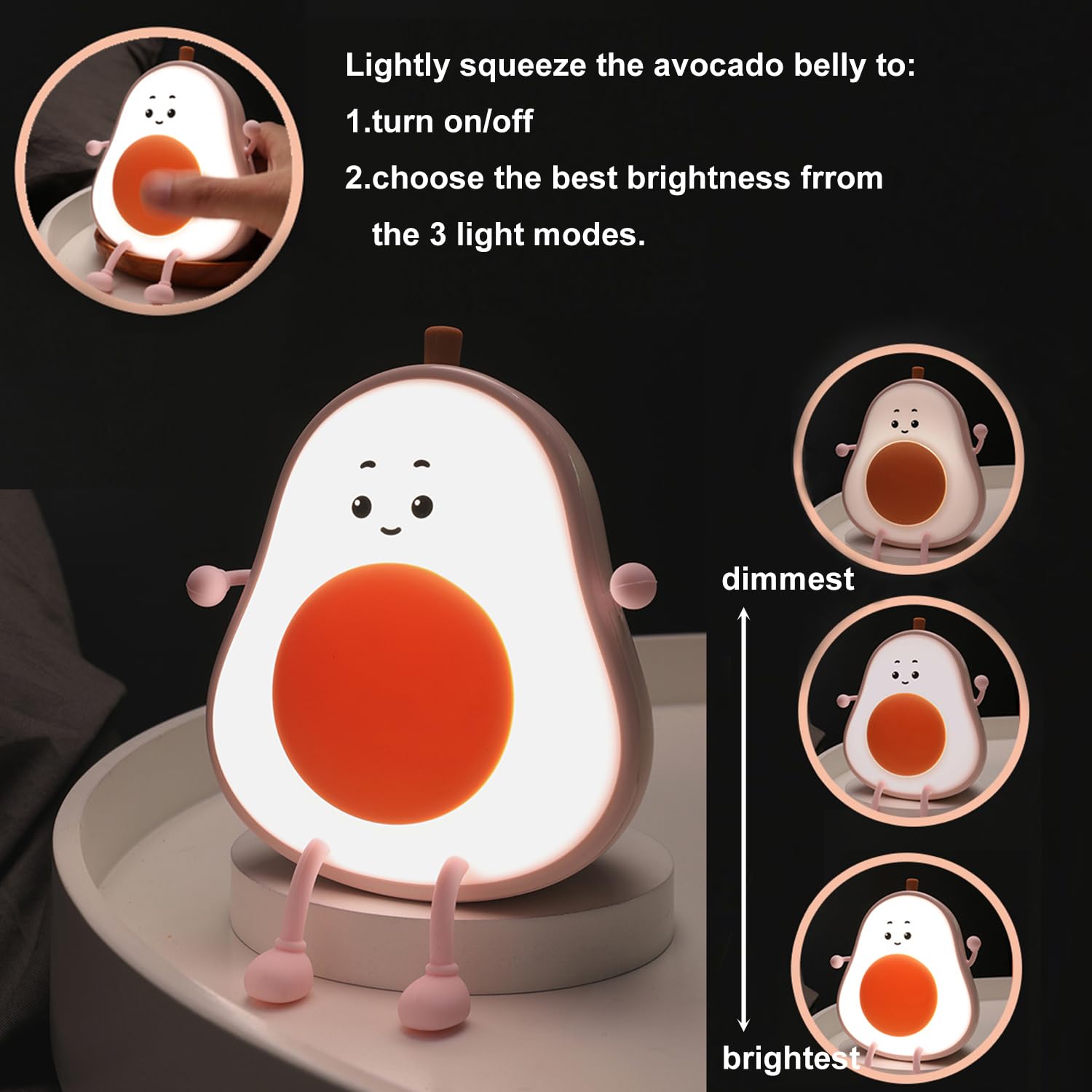 ipalmay Avocado Night Light USB Rechargeable Lamp 3 Brightness Levels Pink Model PM107 for Kids Bedroom Nursery