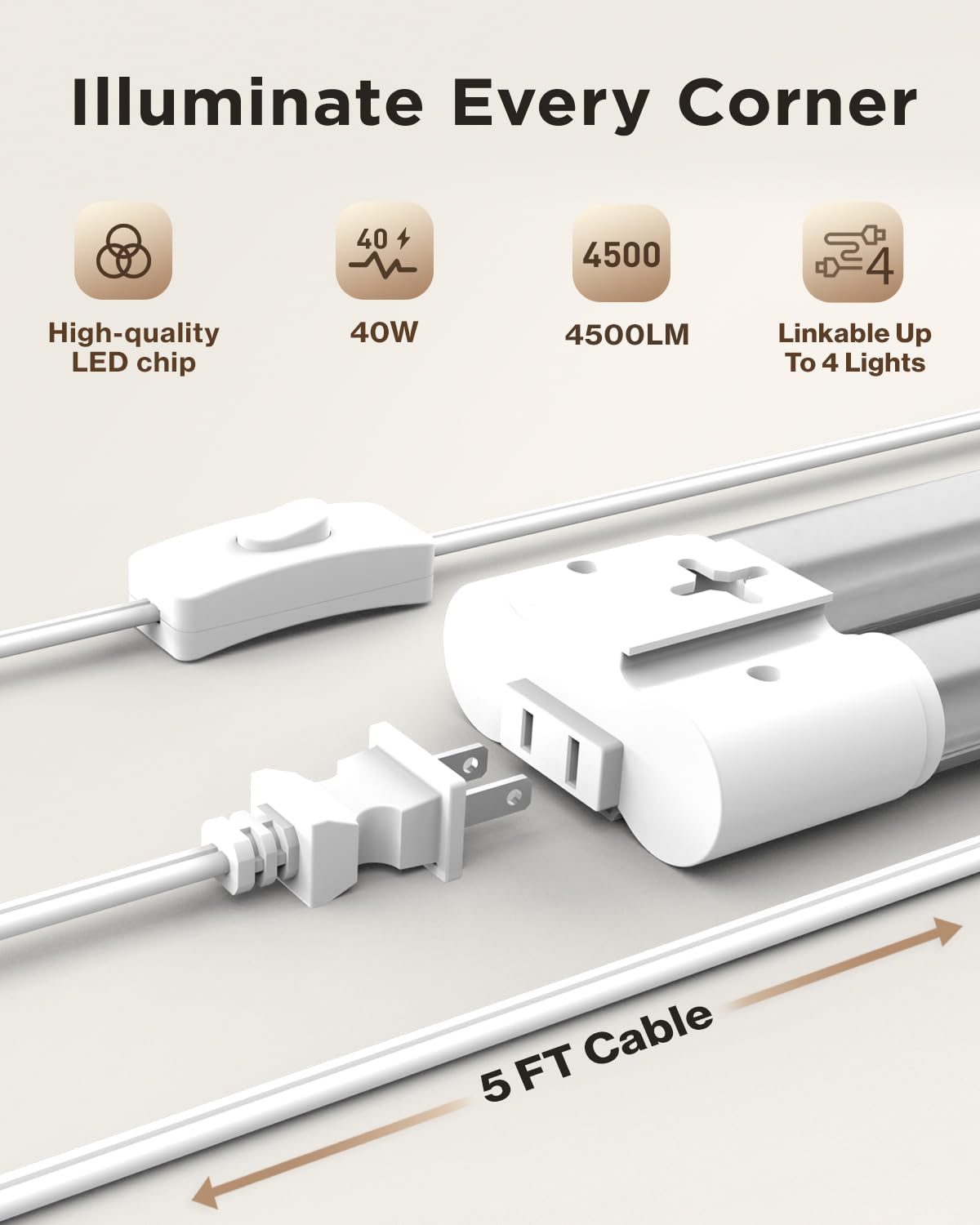 Sunco Linkable Led Utility Shop Light, 4500 Lm, 6000K Daylight Deluxe, 4 Ft, 48 Inch Integrated Fixture For Garage, 40W Equivale