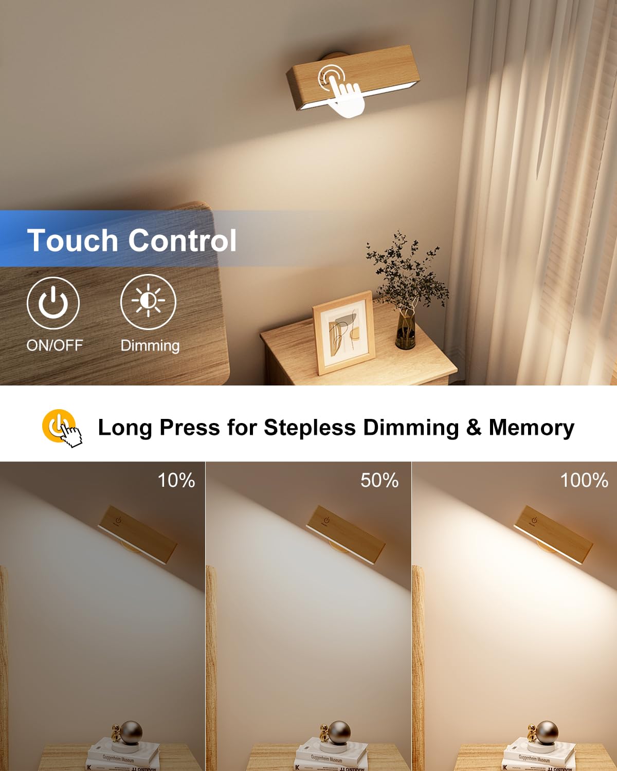 YiLaie Wall Sconces - Rechargeable Wireless Dimmable Wood Lamps, 2 Pack Touch Control, Beechwood Finish, Model EL-US-001