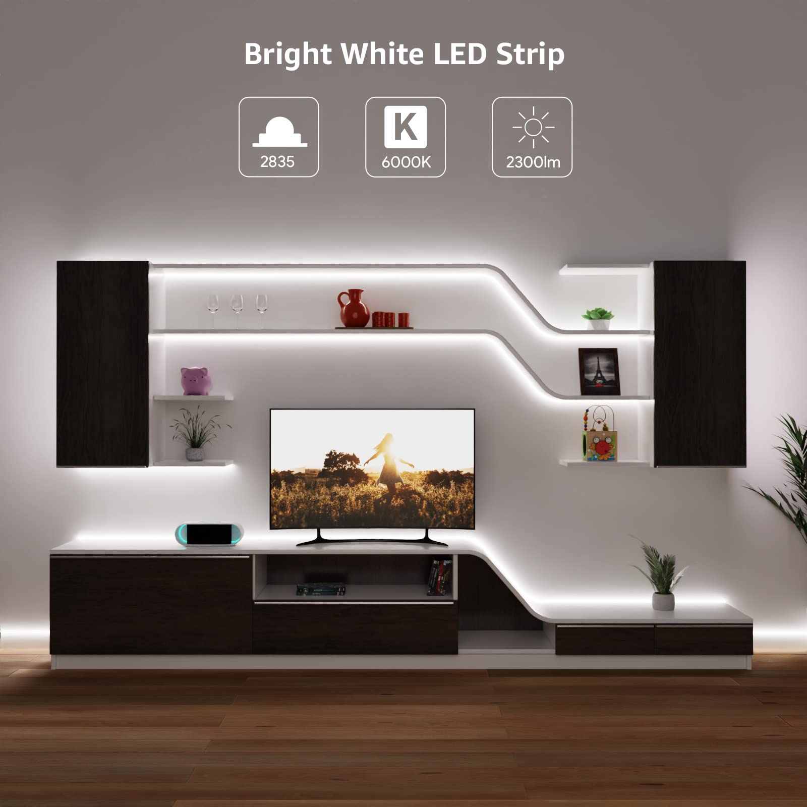 Lepro LED Strip Light 12V, 300 LEDs, 32.8ft, Daylight White, Flexible, Non-Waterproof, Model PR4100057-DW-2, Pack