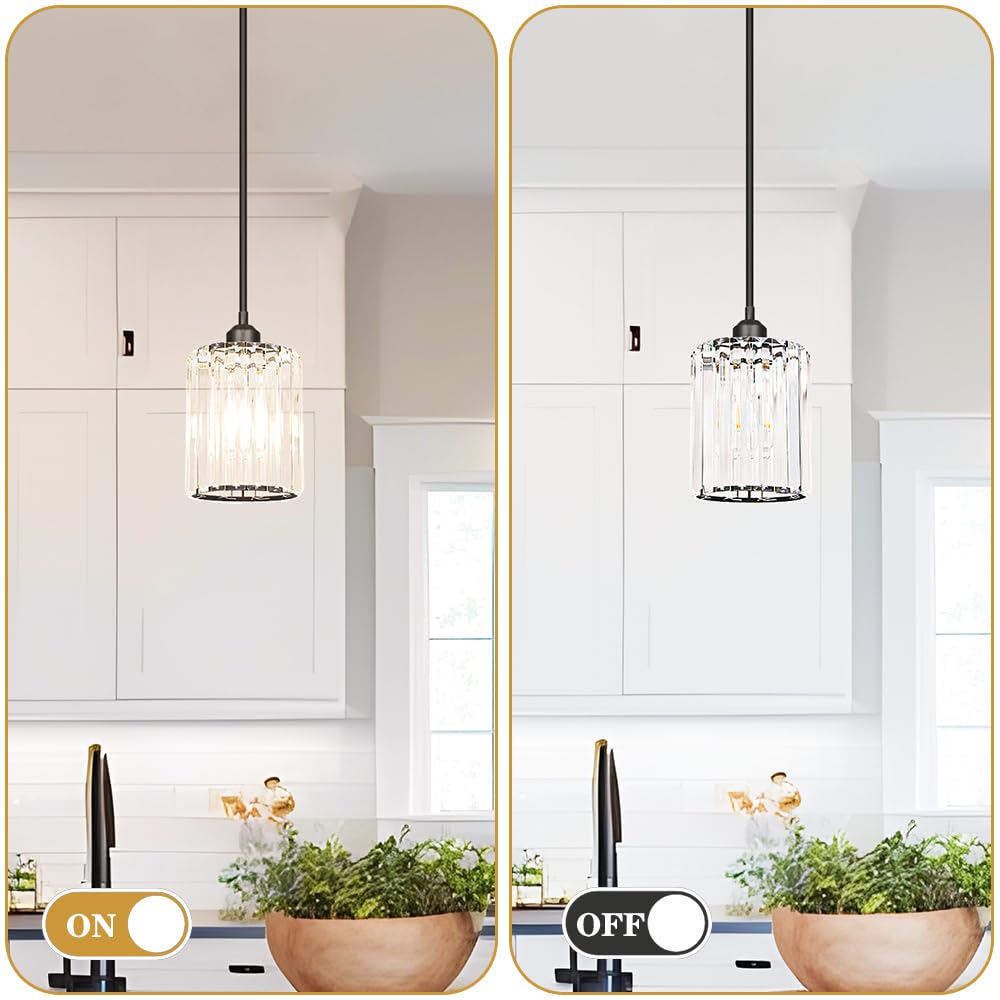 Black Kitchen Pendant Lights Over Island With Adjustable Rods - Crystal Pendant Lighting Fixtures For Sloped Ceiling  Ideal Over Dining Table Or Bar  E26 Bulb Compatible  No Electrician Needed